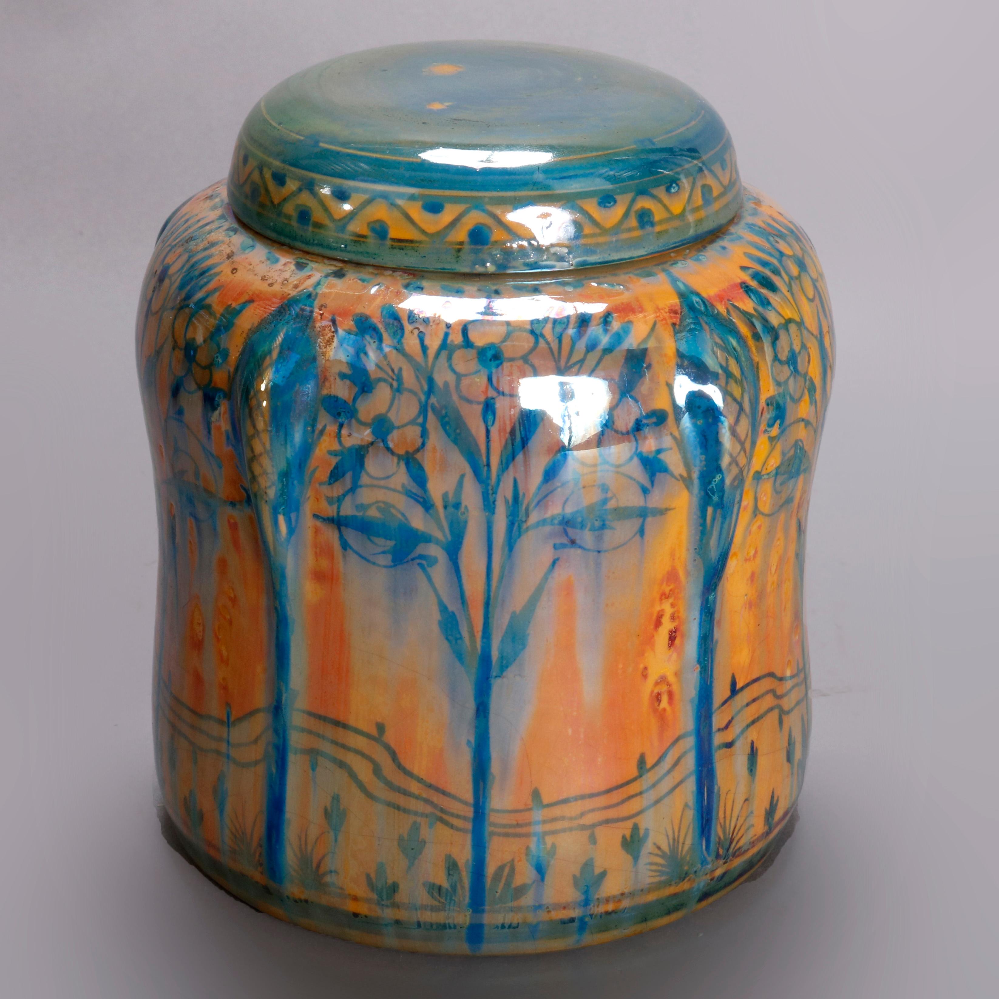 English Pilkington Art Pottery Biscuit Jar, Stylized Landscape, 20th Century 1
