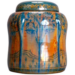 Vintage English Pilkington Art Pottery Biscuit Jar, Stylized Landscape, 20th Century