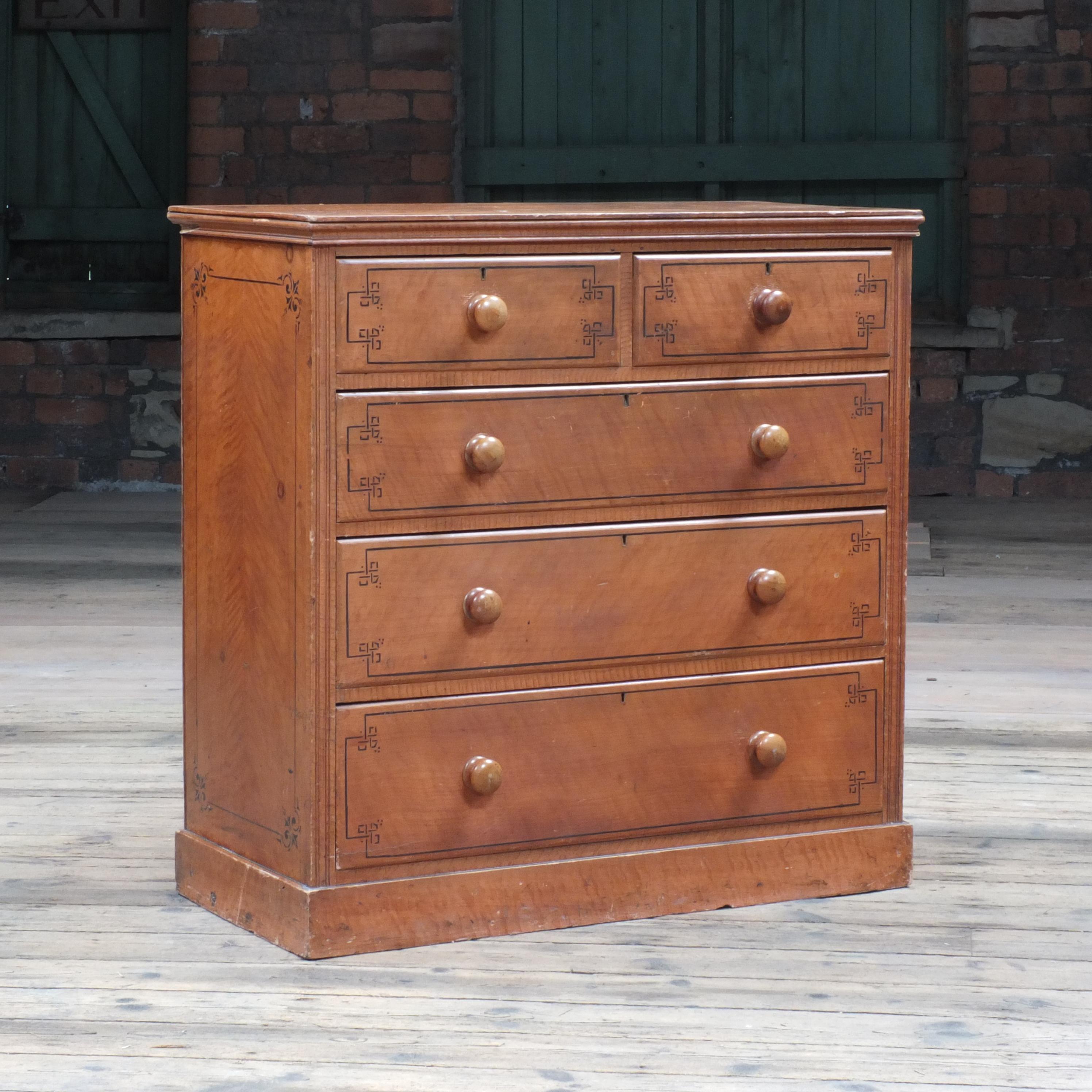 Victorian Antique English Pine Chest of Drawers in Faux Satin Birch For Sale