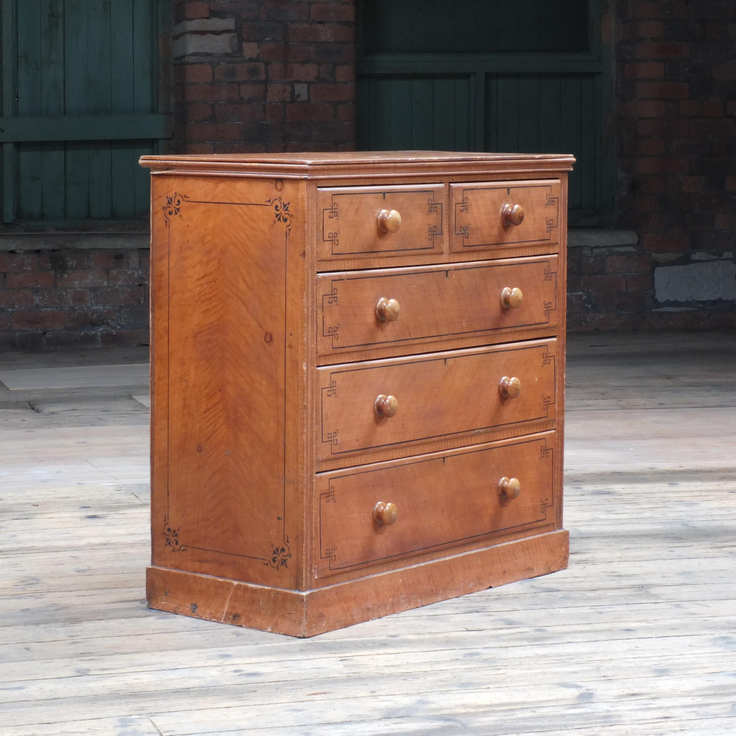 Antique English Pine Chest of Drawers in Faux Satin Birch In Fair Condition For Sale In Batley, GB