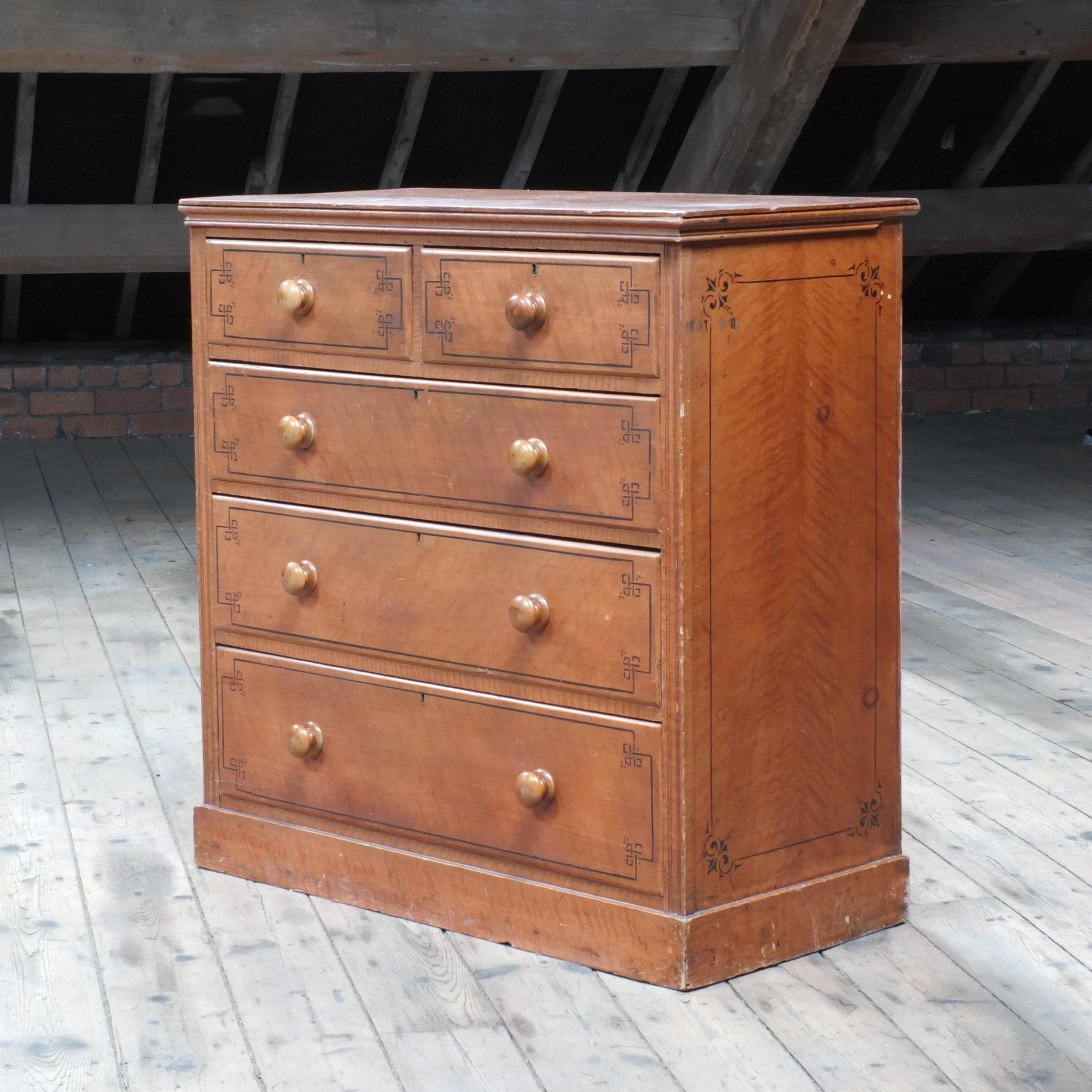 19th Century Antique English Pine Chest of Drawers in Faux Satin Birch For Sale