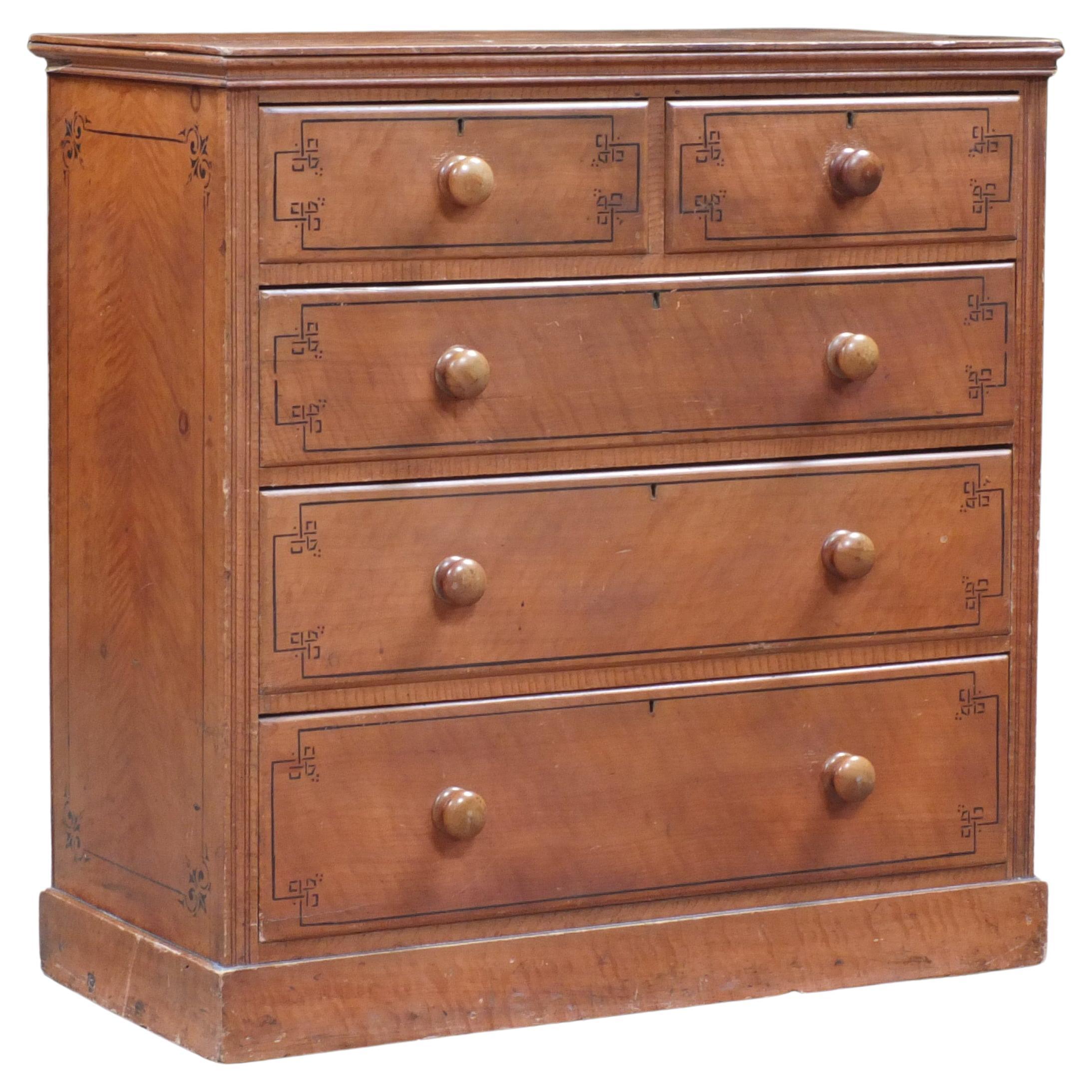 Antique English Pine Chest of Drawers in Faux Satin Birch For Sale