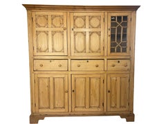 Antique English Pine Cupboard with Glass Door and Decorative Carving
