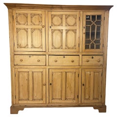 Antique English Pine Cupboard with Glass Door and Decorative Carving