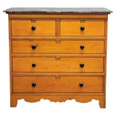 Antique English Pine Dresser With Painted French Line Motif and Marble Top