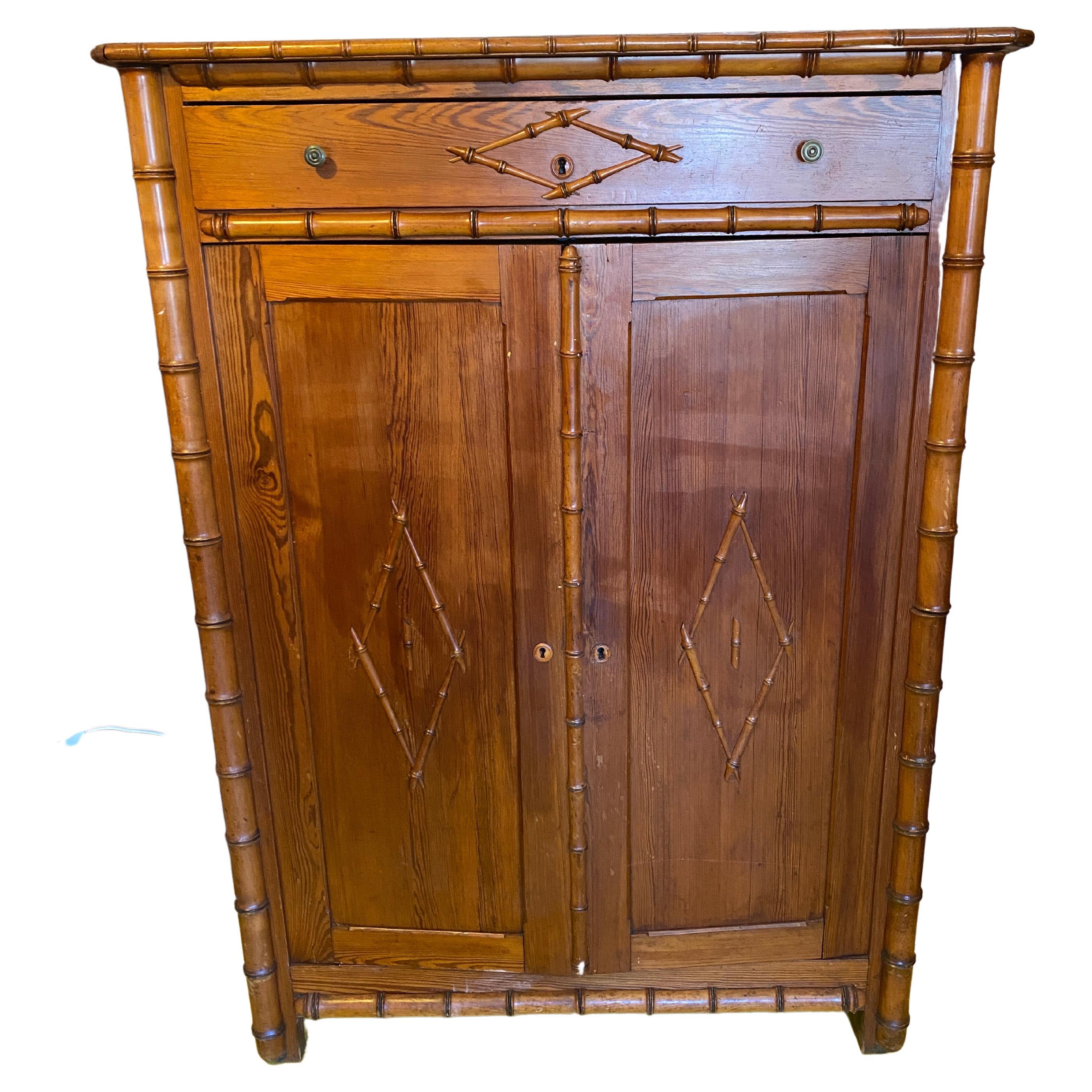 Antique English PIne Faux Bamboo Style Cupboard For Sale