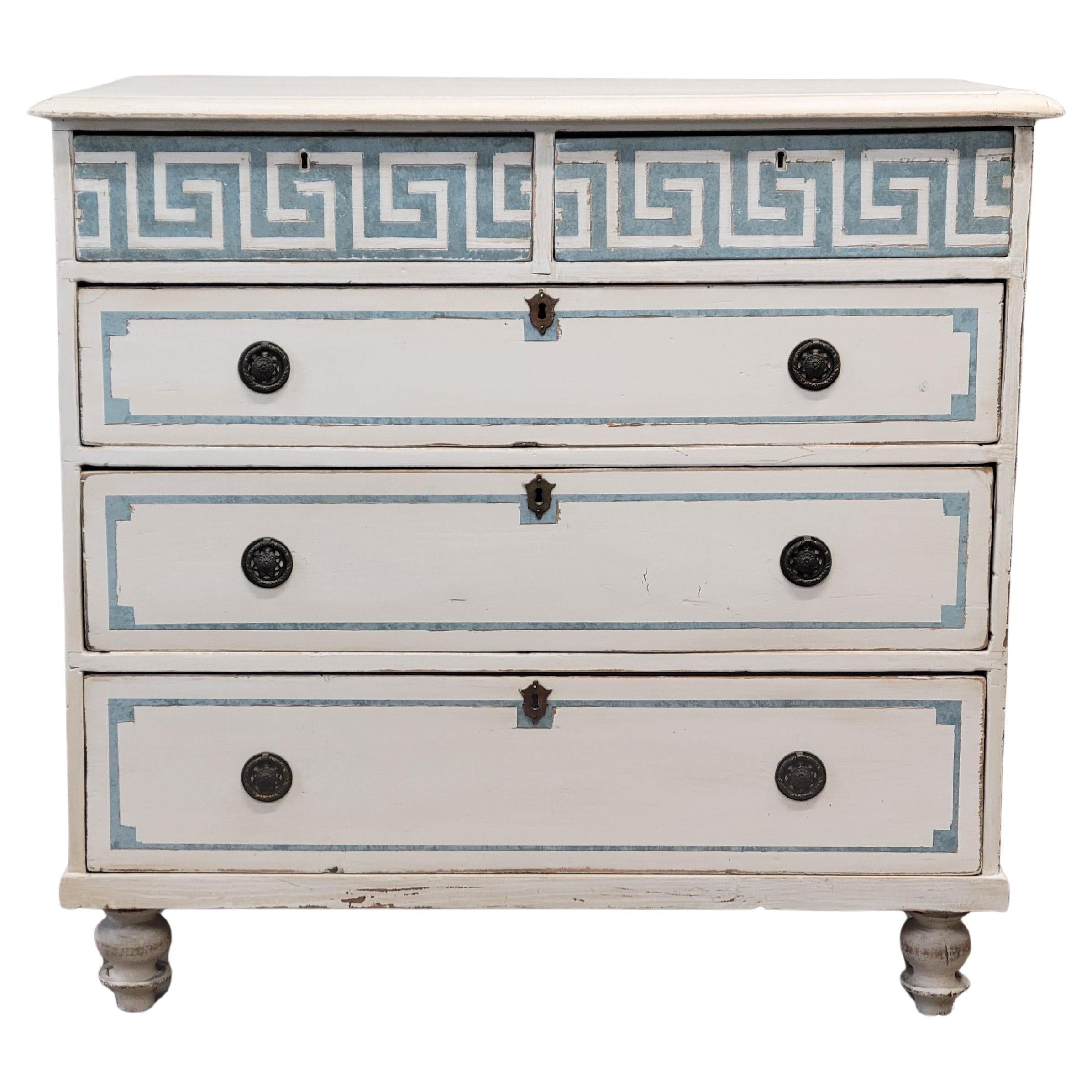 Antique English Pine Painted Dresser Chest of Drawers with Greek Key Motif For Sale