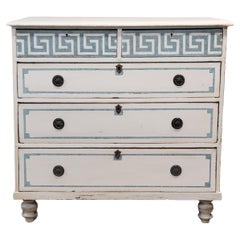Antique English Pine Painted Dresser Chest of Drawers with Greek Key Motif