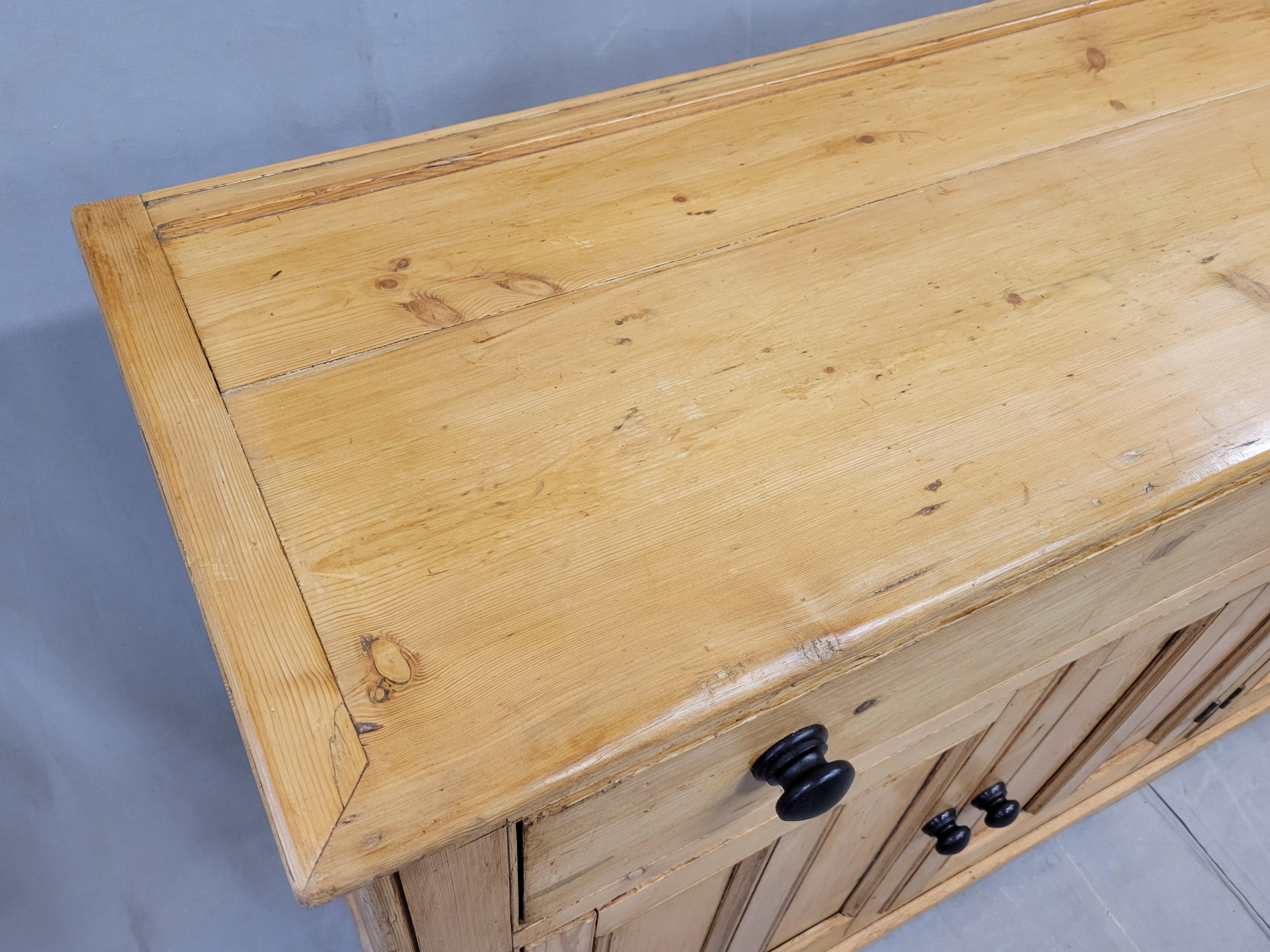 Hand-Crafted Antique English Pine Sideboard With Ebonized Knobs