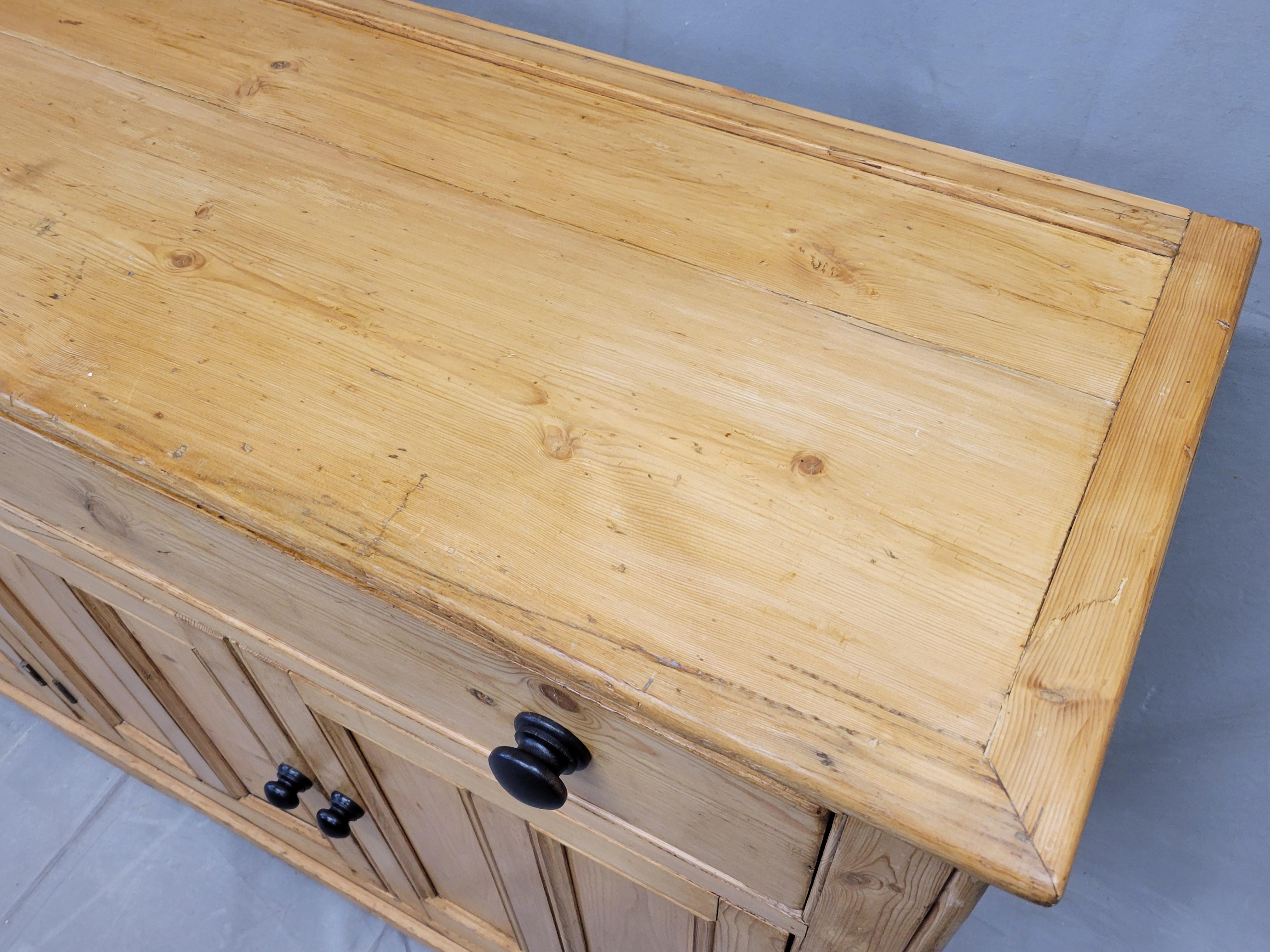 20th Century Antique English Pine Sideboard With Ebonized Knobs