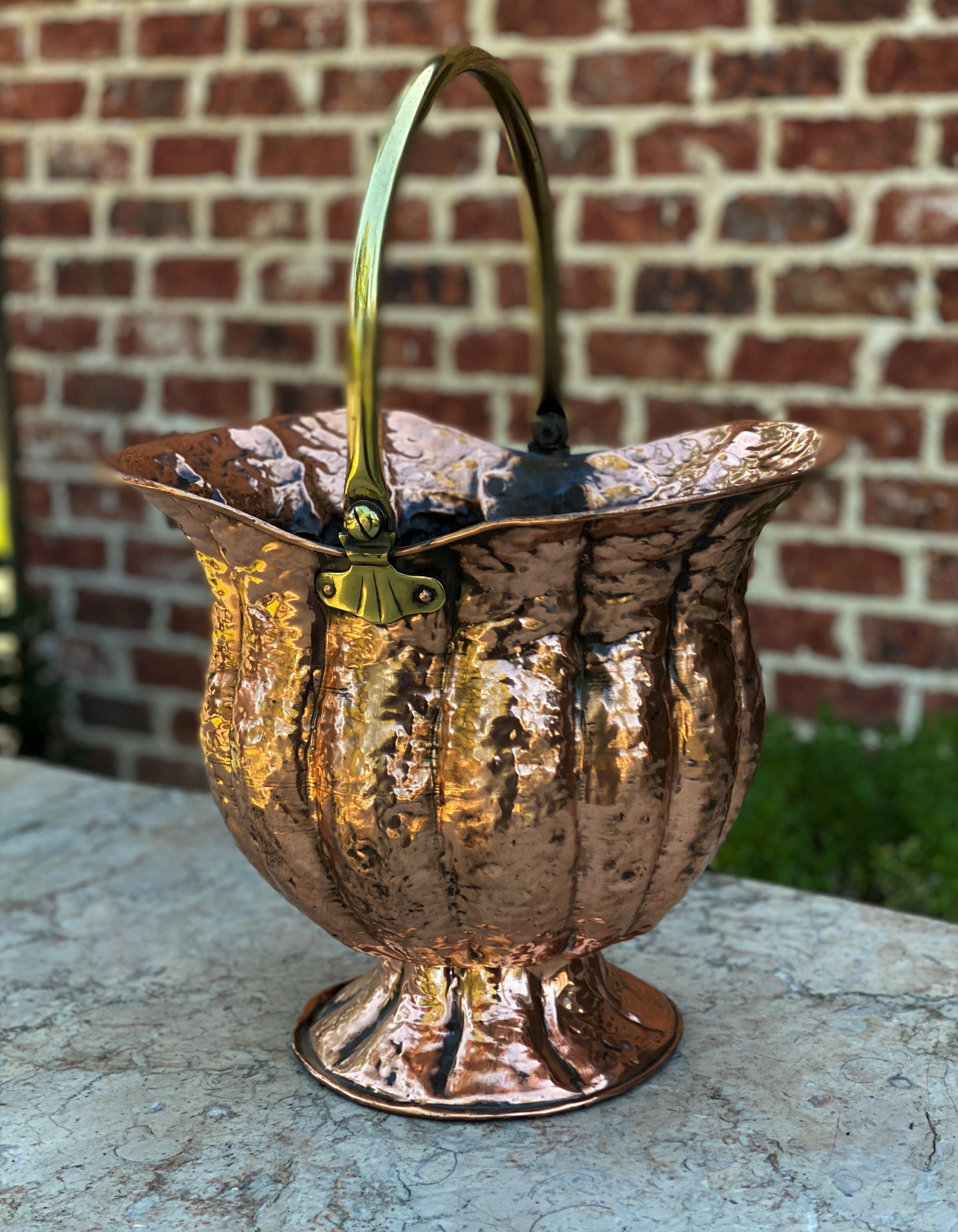 Antique English Planter Basket Hammered Copper w Brass Handle Coal Hod Hearth 6