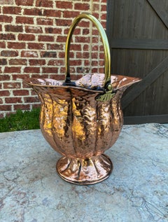 Antique English Planter Basket Hammered Copper w Brass Handle Coal Hod Hearth