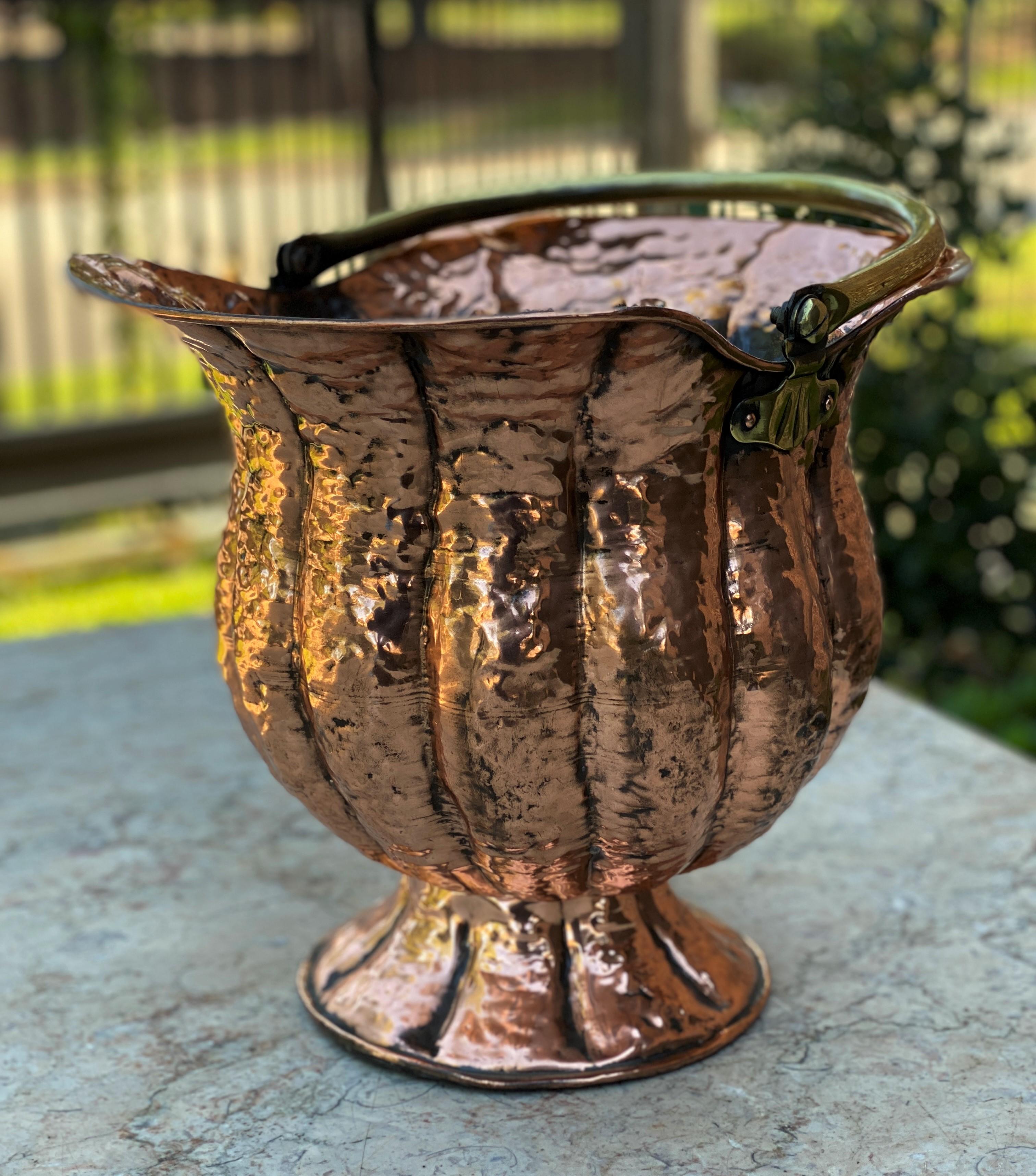Antique English Planter Basket Hammered Copper w Brass Handle Coal Hod Hearth 4
