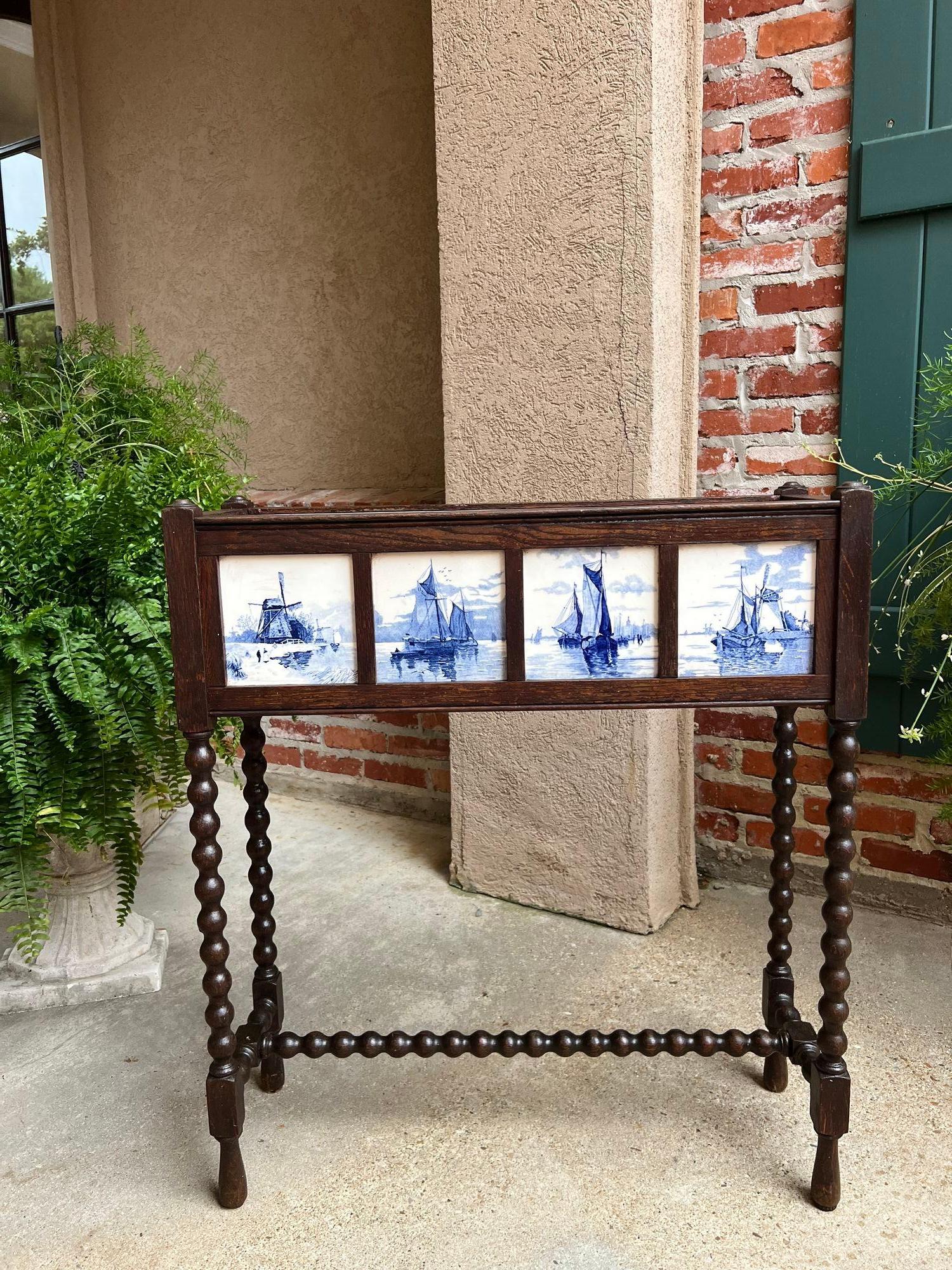 Antique English Planter Blue White DELFT Tile Floral Box Oak Bobbin Legs c1910 5