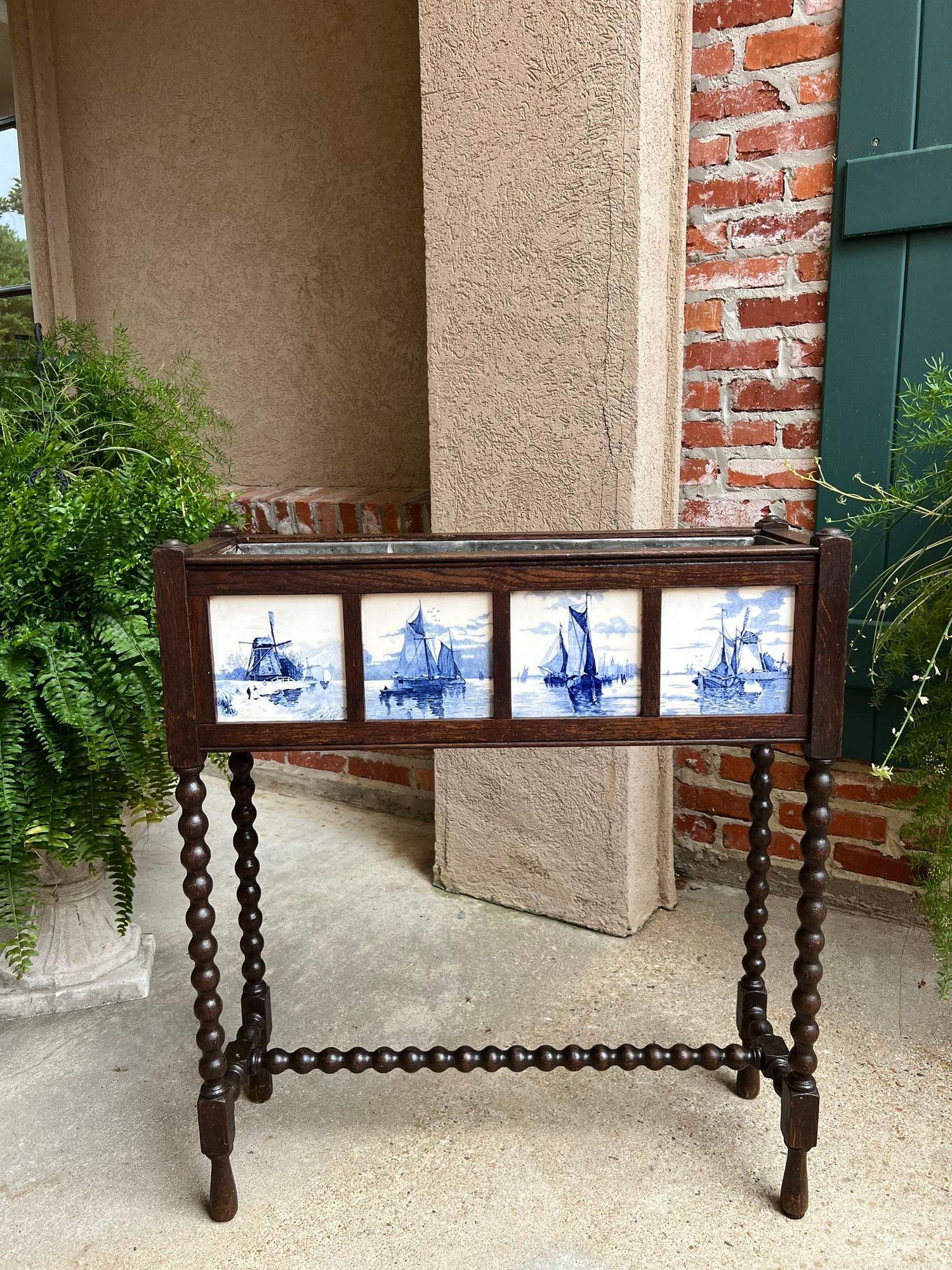 Antique English Planter Blue White DELFT Tile Floral Box Oak Bobbin Legs c1910 6