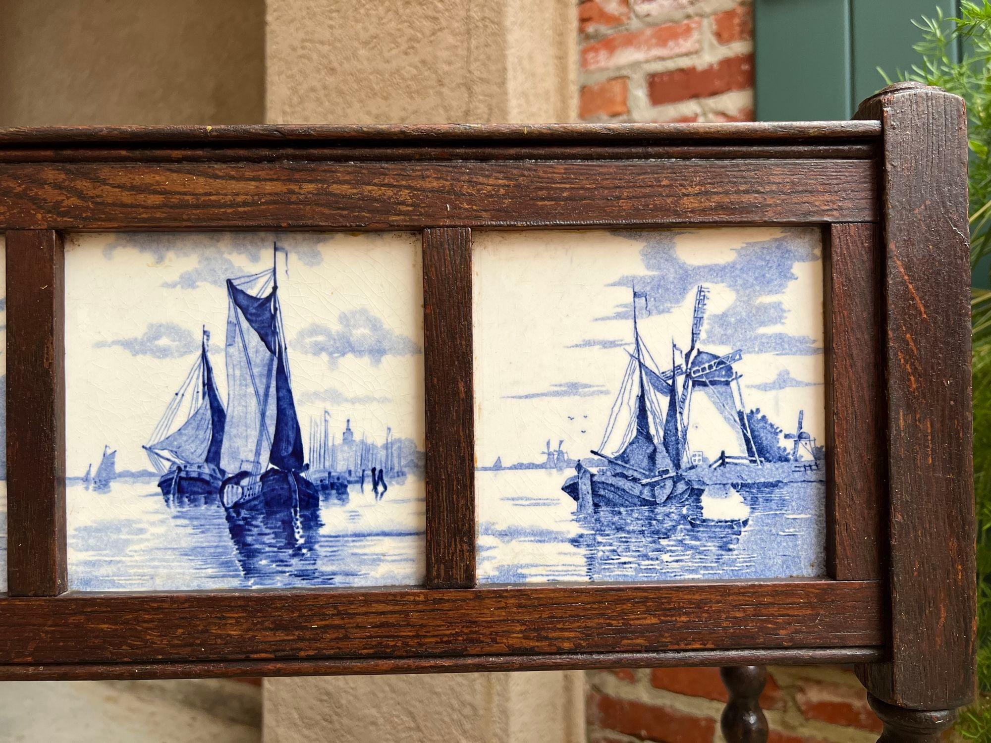 Antique English Planter Blue White DELFT Tile Floral Box Oak Bobbin Legs c1910 7