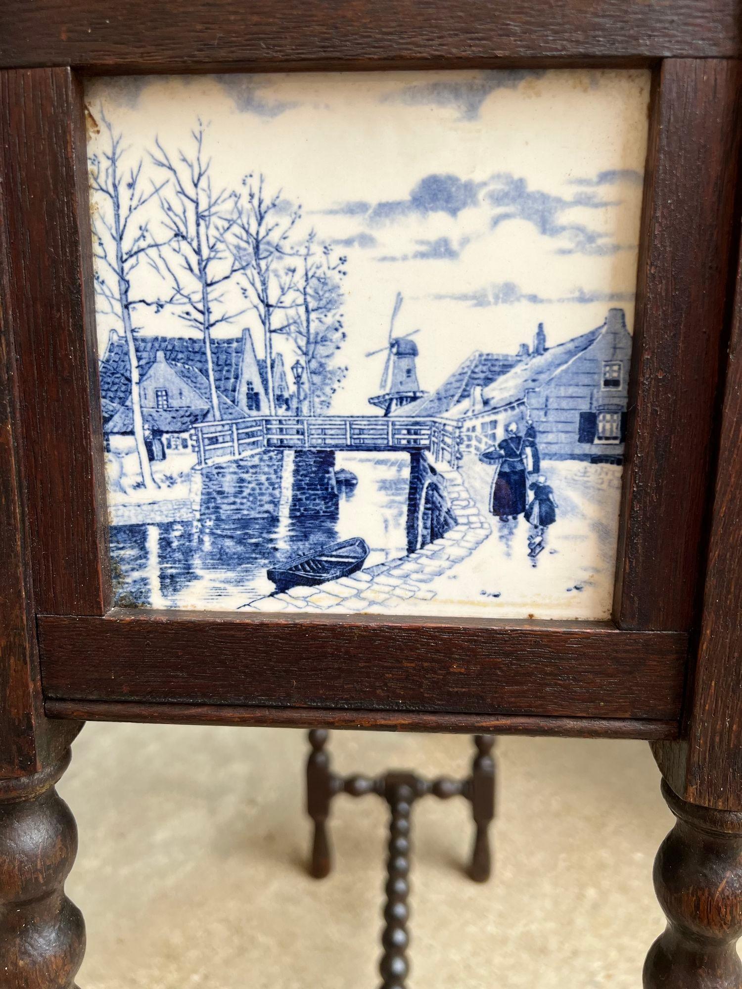 Antique English Planter Blue White DELFT Tile Floral Box Oak Bobbin Legs c1910 8