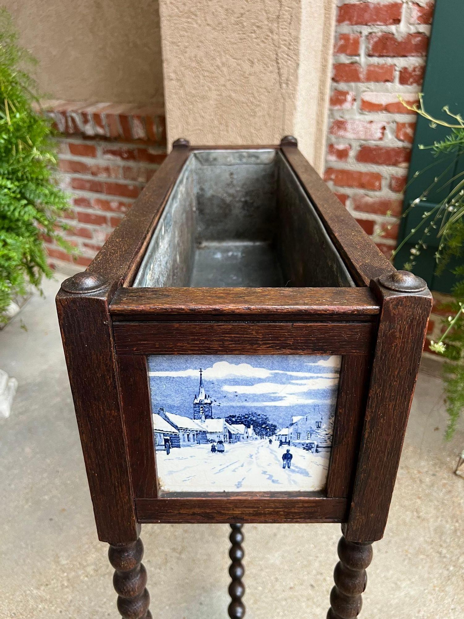 Antique English Planter Blue White DELFT Tile Floral Box Oak Bobbin Legs c1910 9