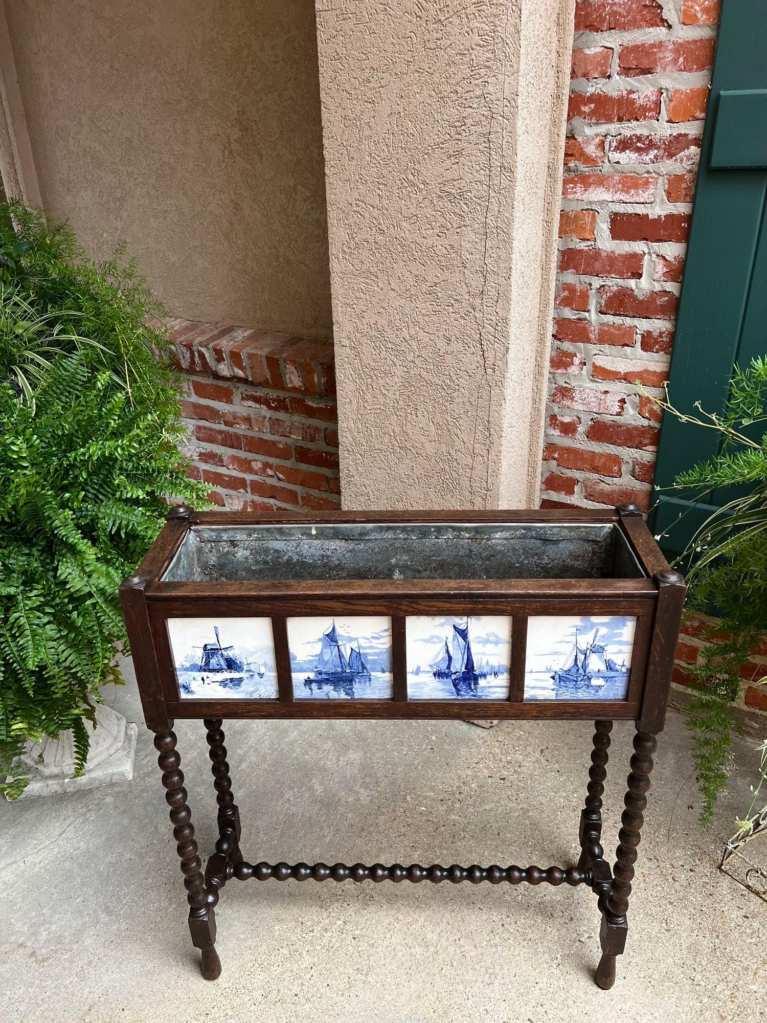 Antique English Planter Blue White DELFT Tile Floral Box Oak Bobbin Legs c1910 10