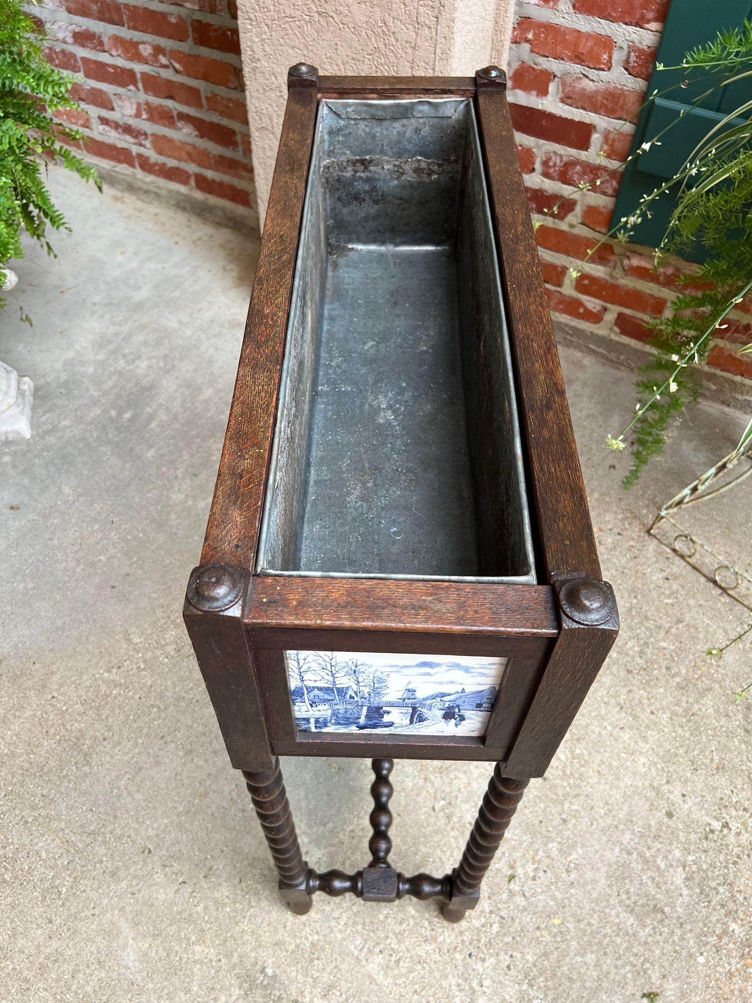 Antique English Planter Blue White DELFT Tile Floral Box Oak Bobbin Legs c1910 11
