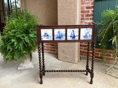 Ancienne jardinière anglaise bleue et blanche DELFT Boîte à fleurs pieds bobine en chêne c1910