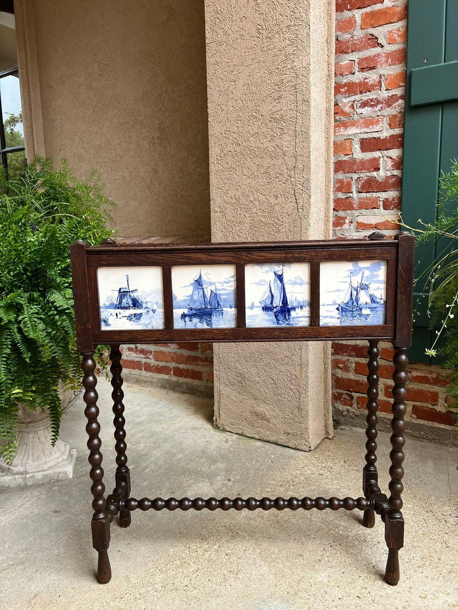 Jacobean Antique English Planter Blue White DELFT Tile Floral Box Oak Bobbin Legs c1910