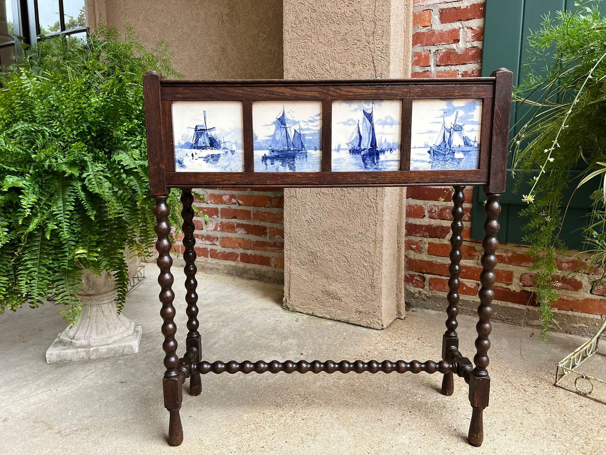 British Antique English Planter Blue White DELFT Tile Floral Box Oak Bobbin Legs c1910