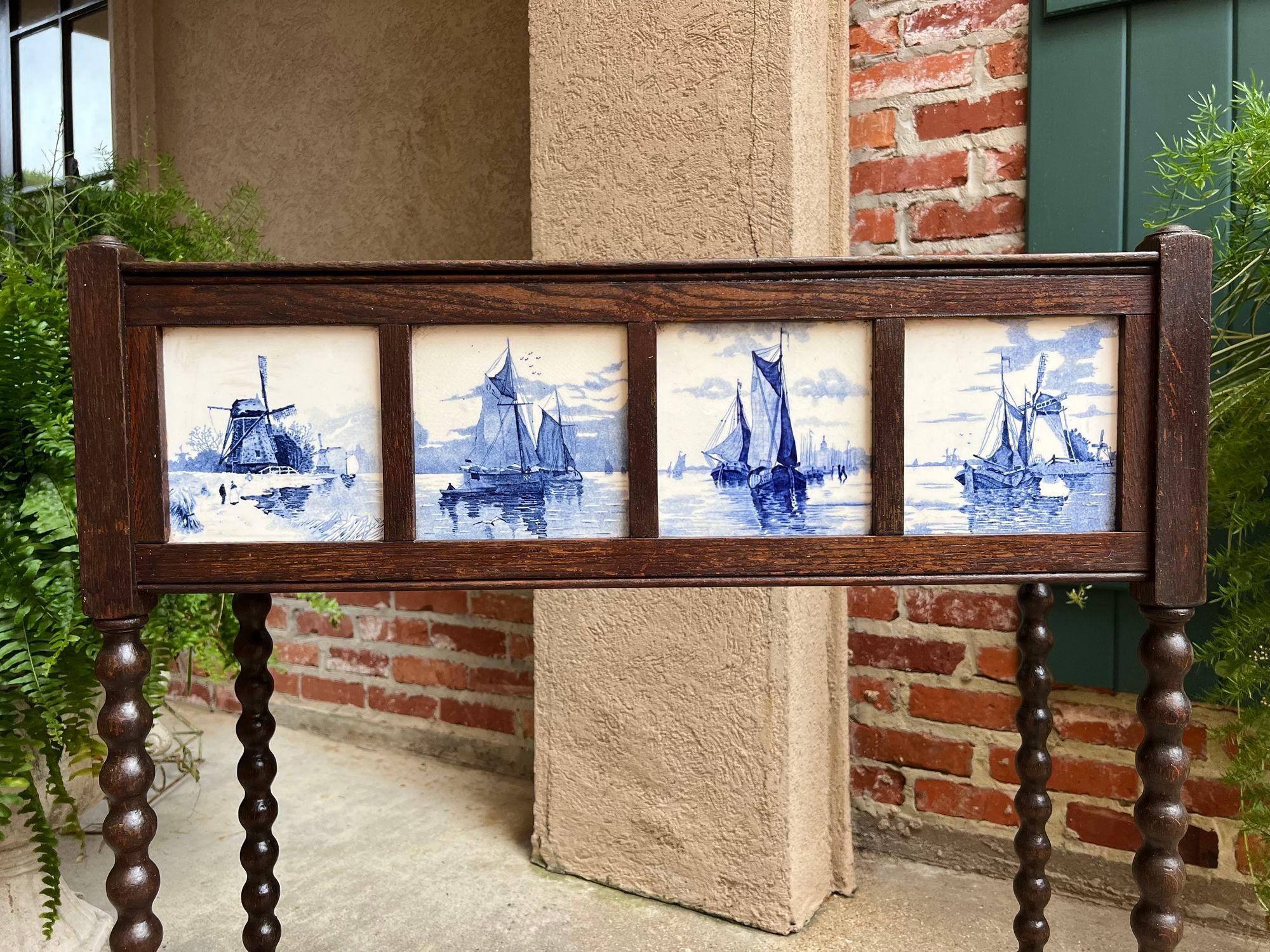 Hand-Painted Antique English Planter Blue White DELFT Tile Floral Box Oak Bobbin Legs c1910