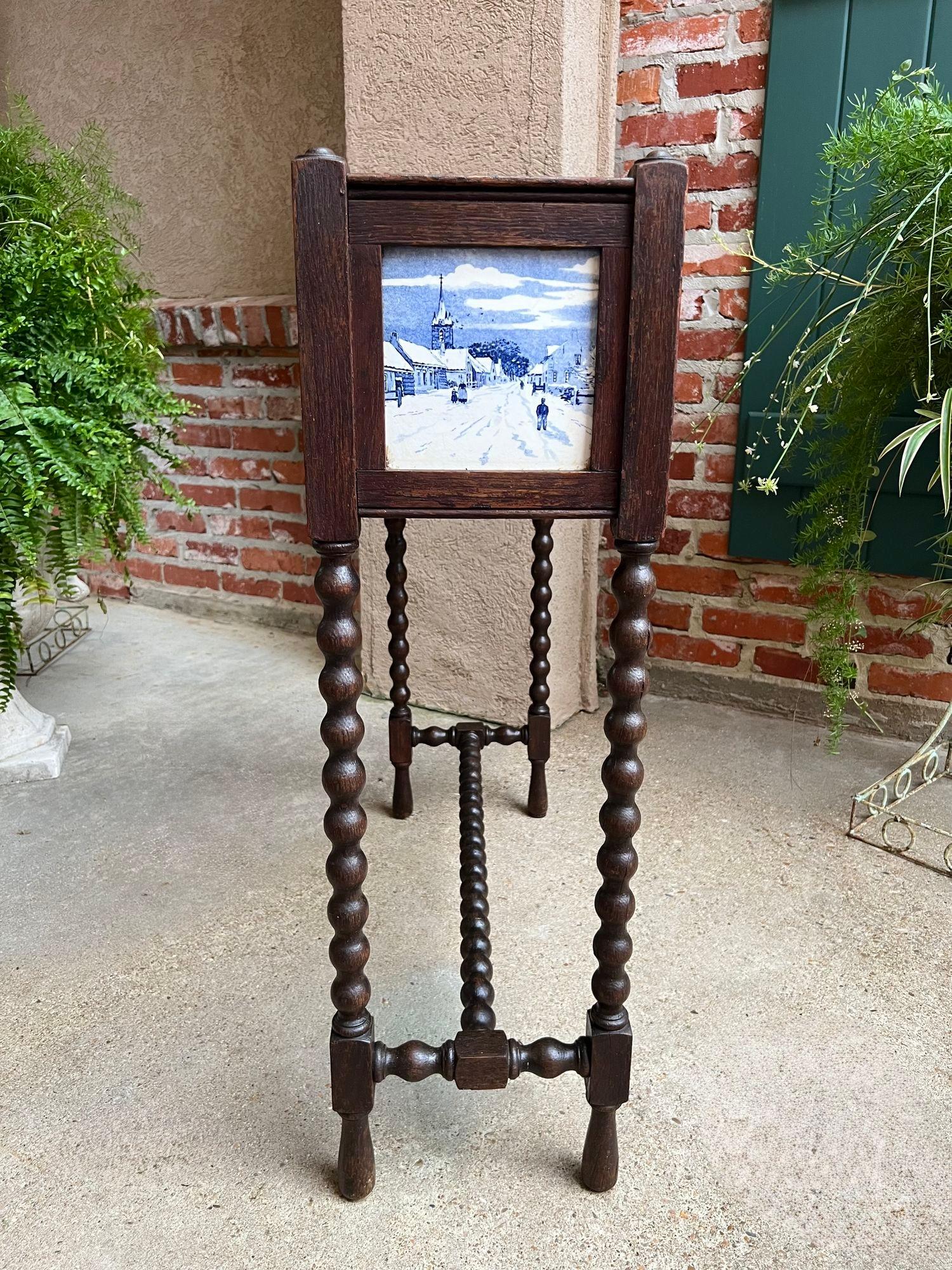 Early 20th Century Antique English Planter Blue White DELFT Tile Floral Box Oak Bobbin Legs c1910