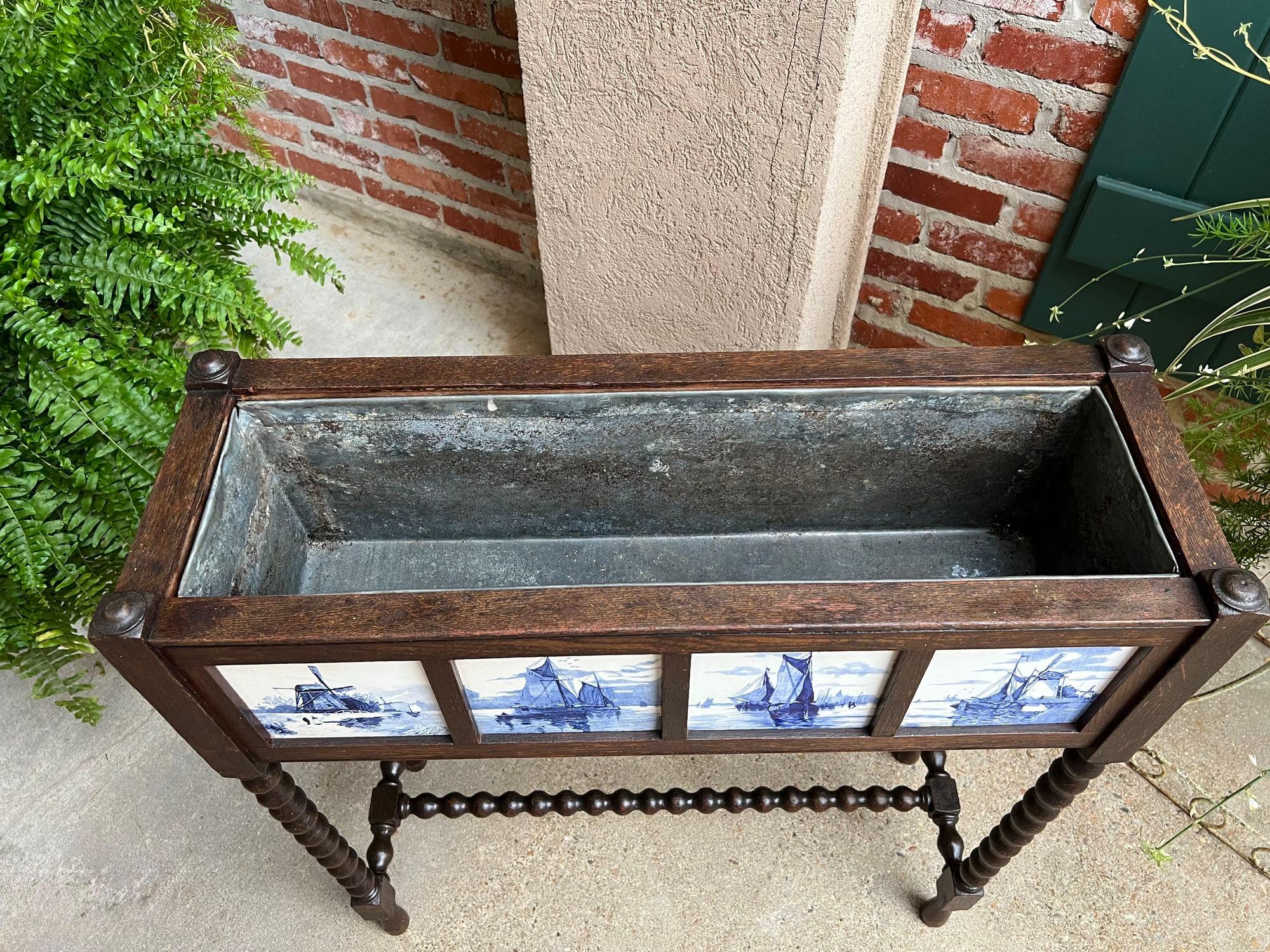 Antique English Planter Blue White DELFT Tile Floral Box Oak Bobbin Legs c1910 1