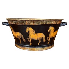 Antique English Planter Jardiniere Horse Equine Black Decoupage Tole Metal c1900