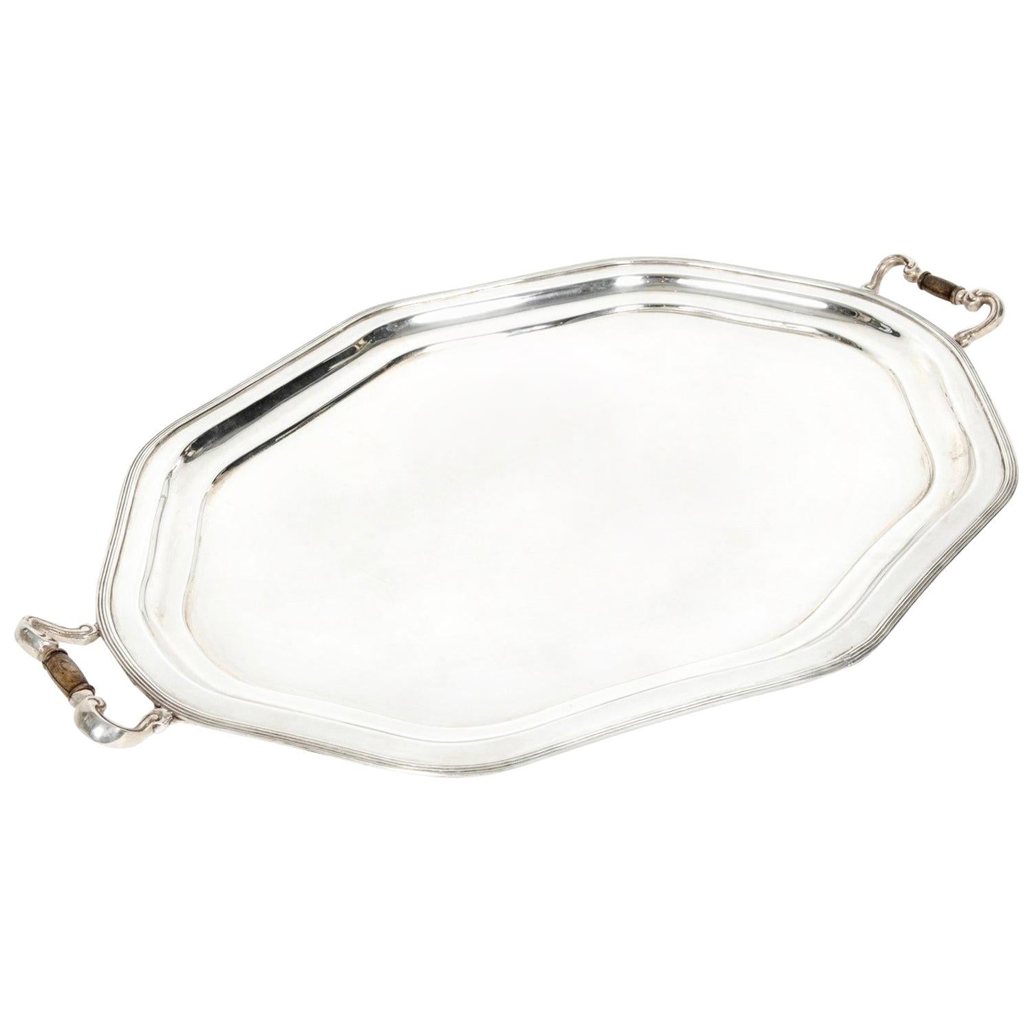 Grand Large Antique English Oak and Silver Plate Drinks / Serving Tray