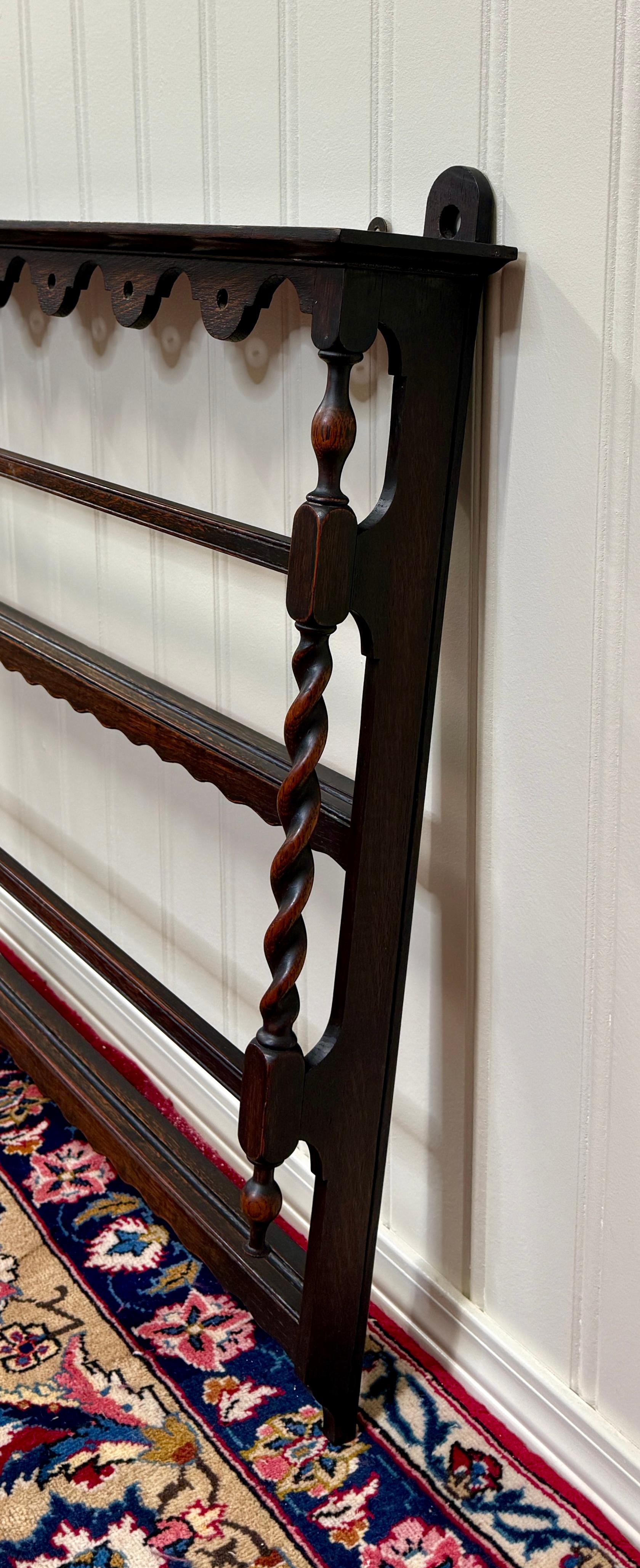Antique English Plate Rack Wall Shelf Barley Twist Post Carved Oak c. 1920s 5
