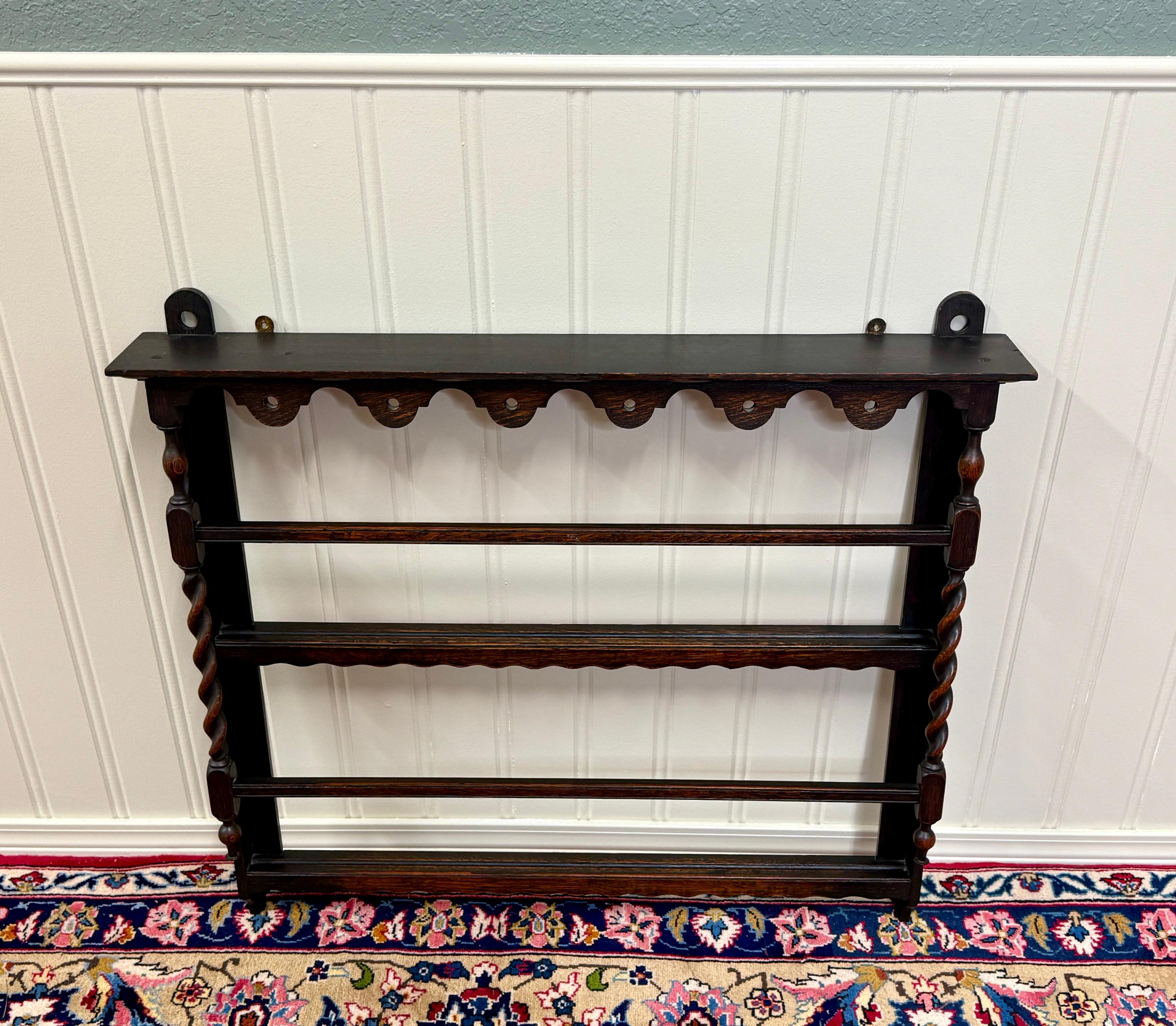 Antique English Plate Rack Wall Shelf Barley Twist Post Carved Oak c. 1920s 6