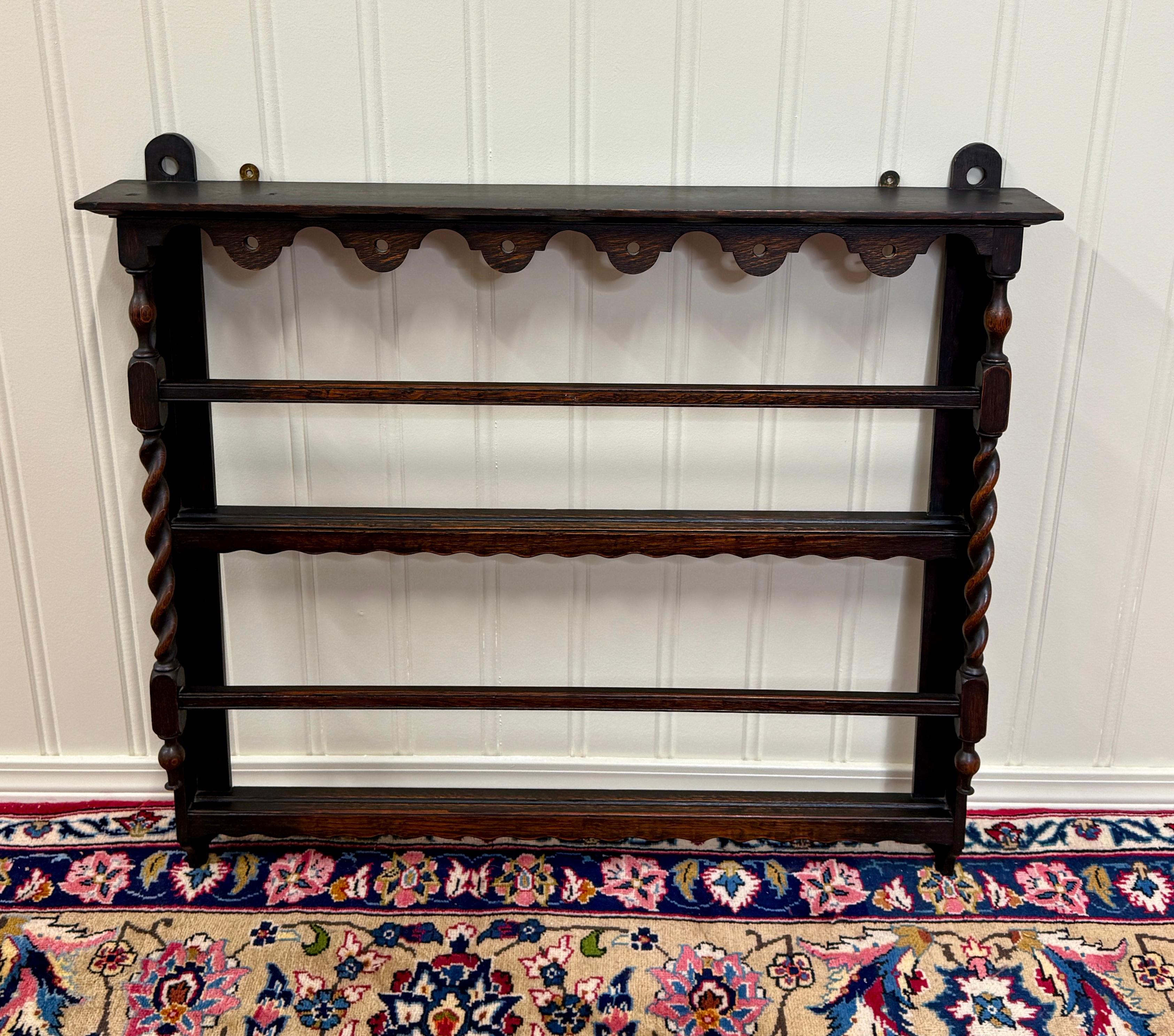 Antique English Plate Rack Wall Shelf Barley Twist Post Carved Oak c. 1920s 7