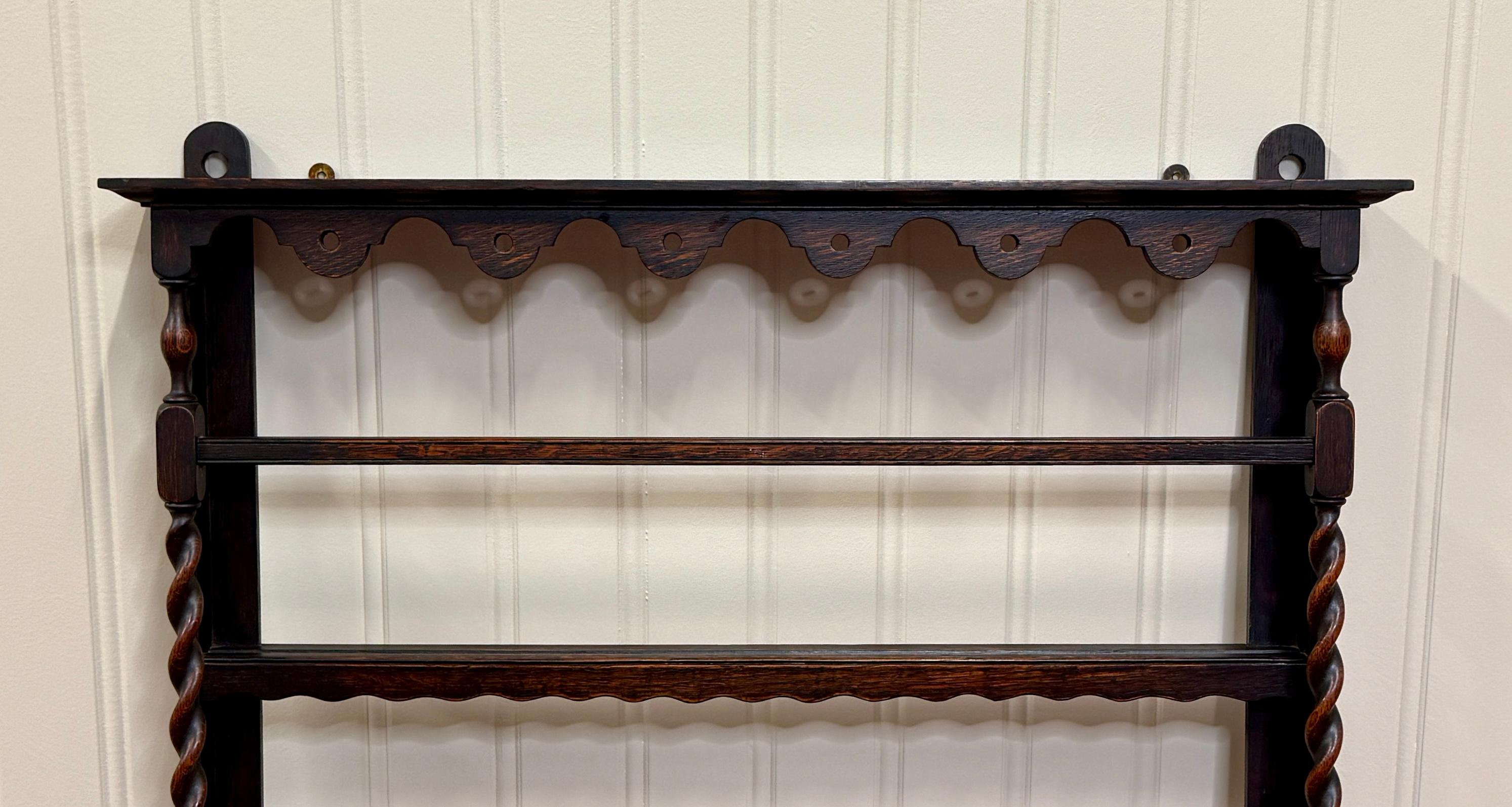 Antique English Plate Rack Wall Shelf Barley Twist Post Carved Oak c. 1920s 9