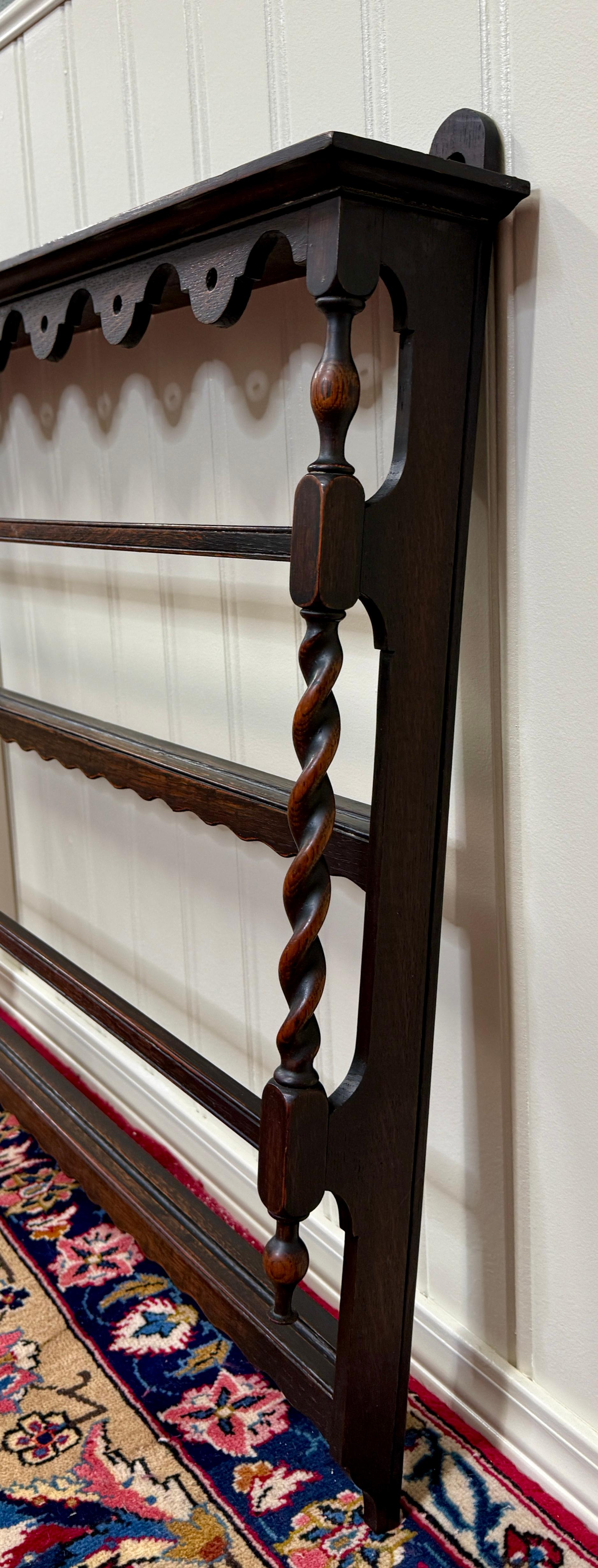 Antique English Plate Rack Wall Shelf Barley Twist Post Carved Oak c. 1920s 10
