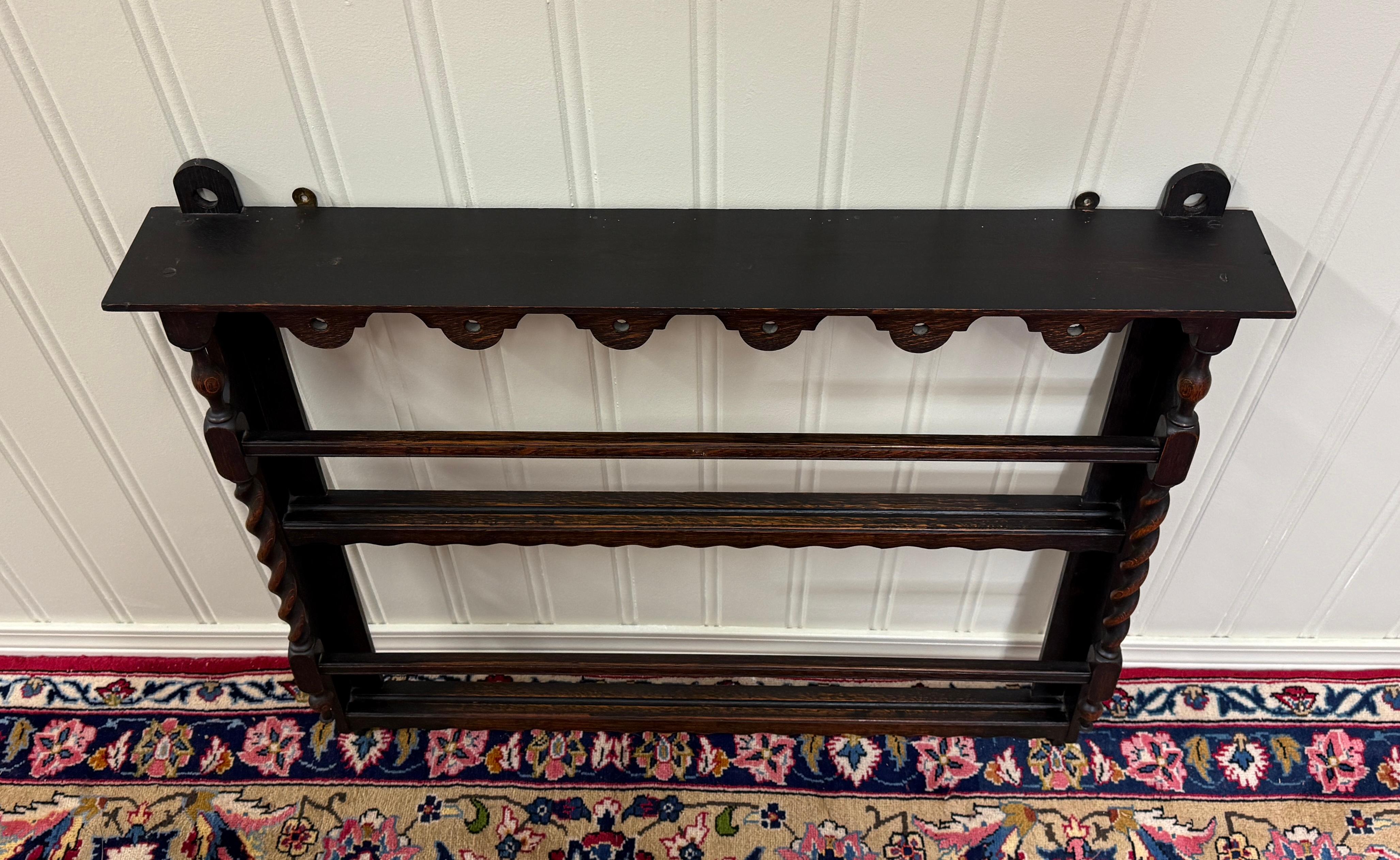 Antique English Plate Rack Wall Shelf Barley Twist Post Carved Oak c. 1920s 11