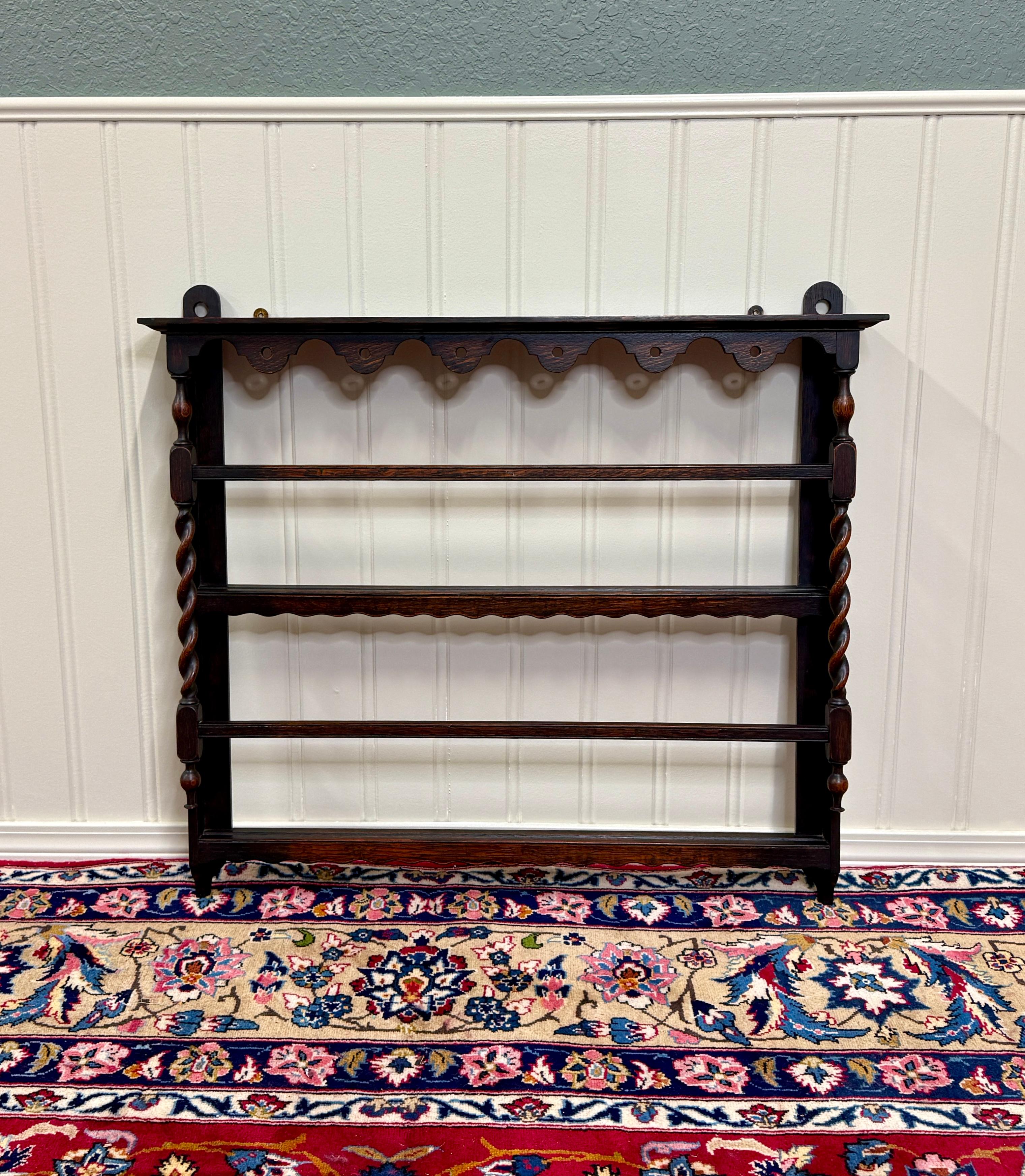 Antique English Plate Rack Wall Shelf Barley Twist Post Carved Oak c. 1920s 12