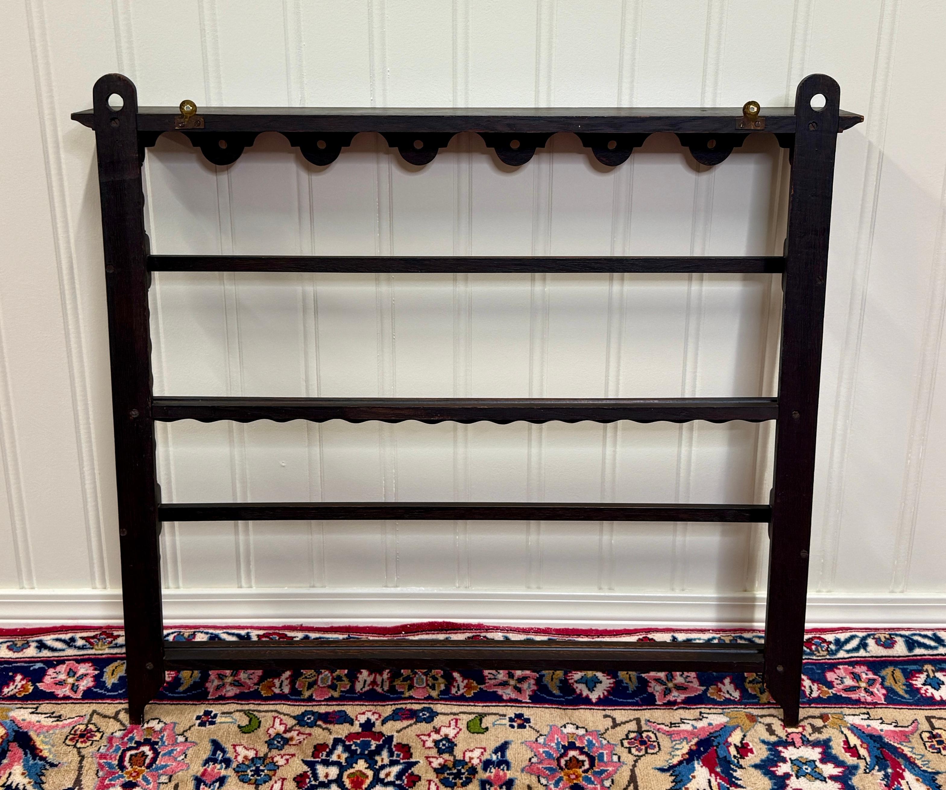 Antique English Plate Rack Wall Shelf Barley Twist Post Carved Oak c. 1920s 13