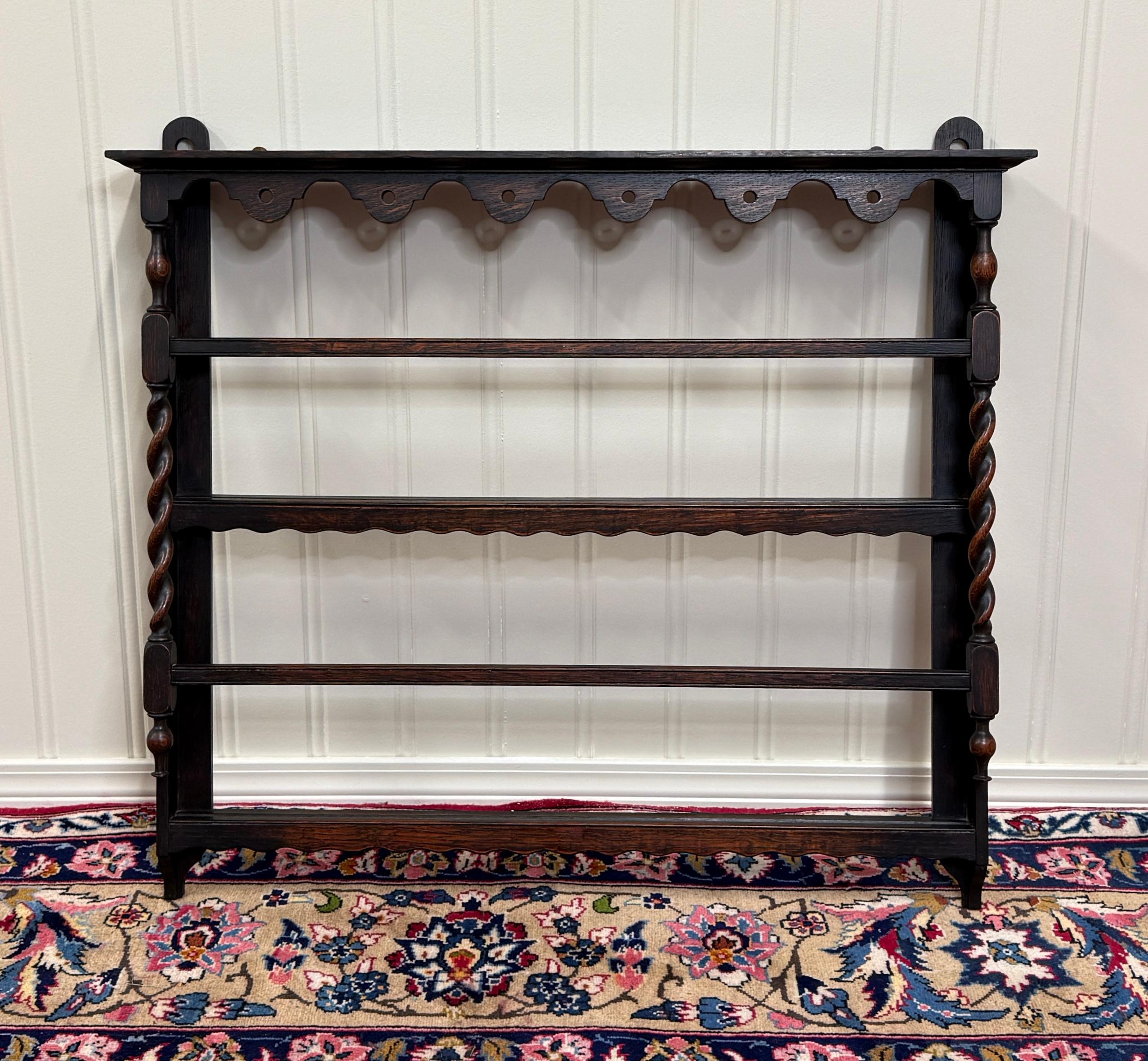 Victorian Antique English Plate Rack Wall Shelf Barley Twist Post Carved Oak c. 1920s