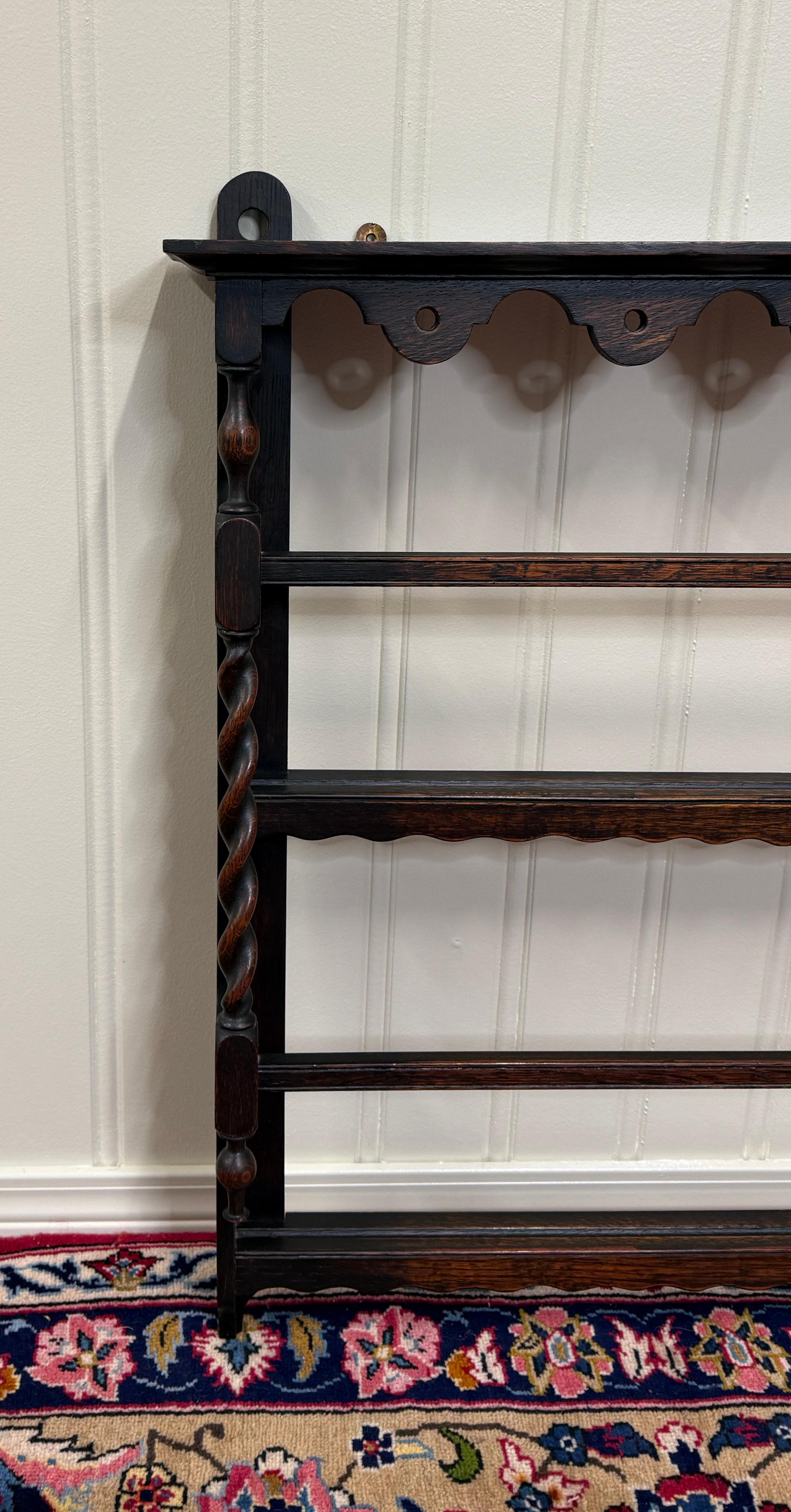 Antique English Plate Rack Wall Shelf Barley Twist Post Carved Oak c. 1920s 1