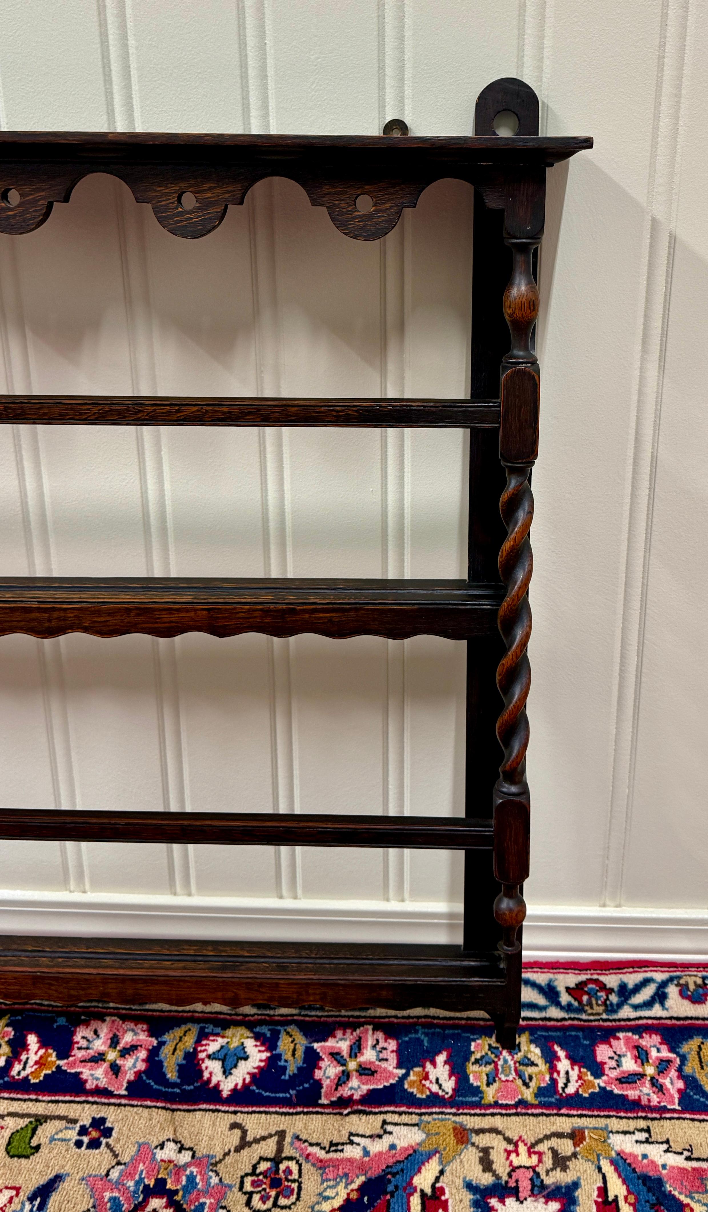 Antique English Plate Rack Wall Shelf Barley Twist Post Carved Oak c. 1920s 2