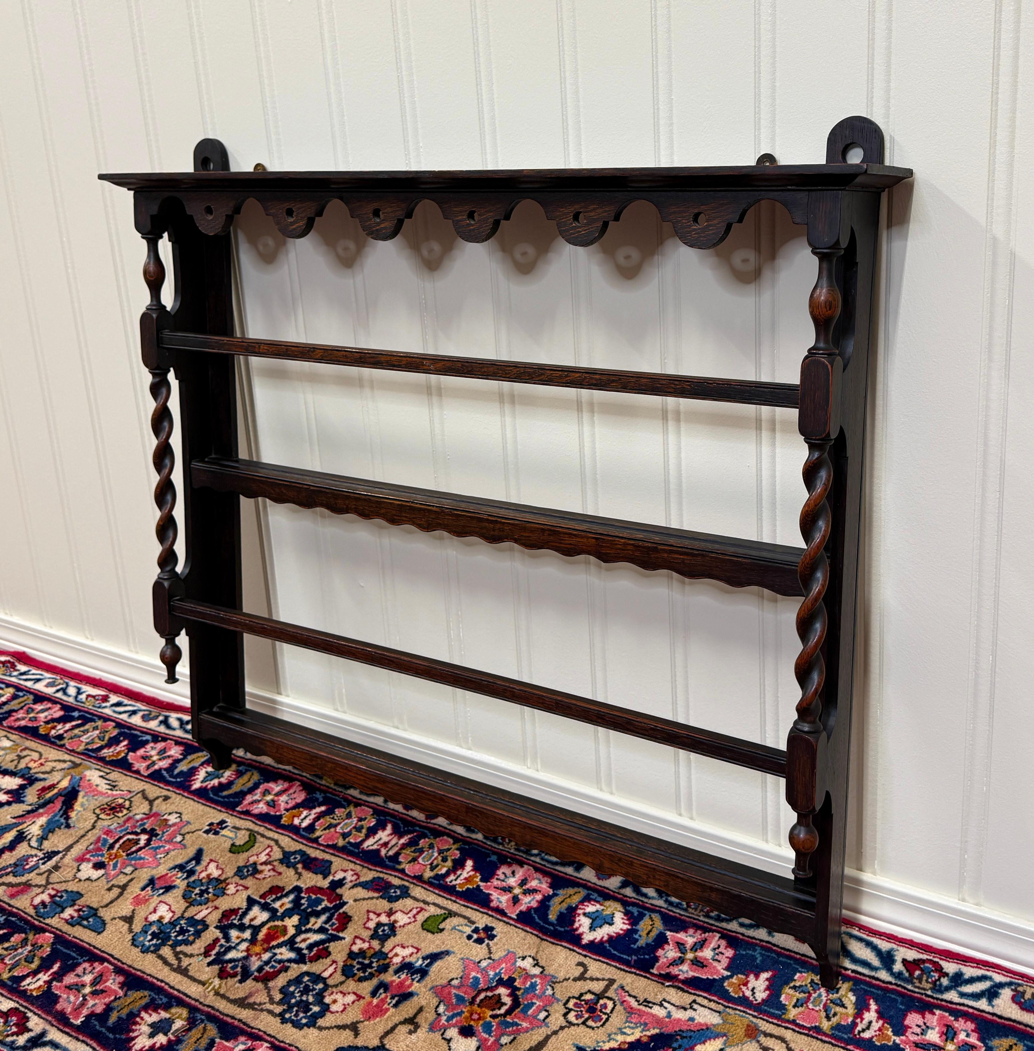 Antique English Plate Rack Wall Shelf Barley Twist Post Carved Oak c. 1920s 3