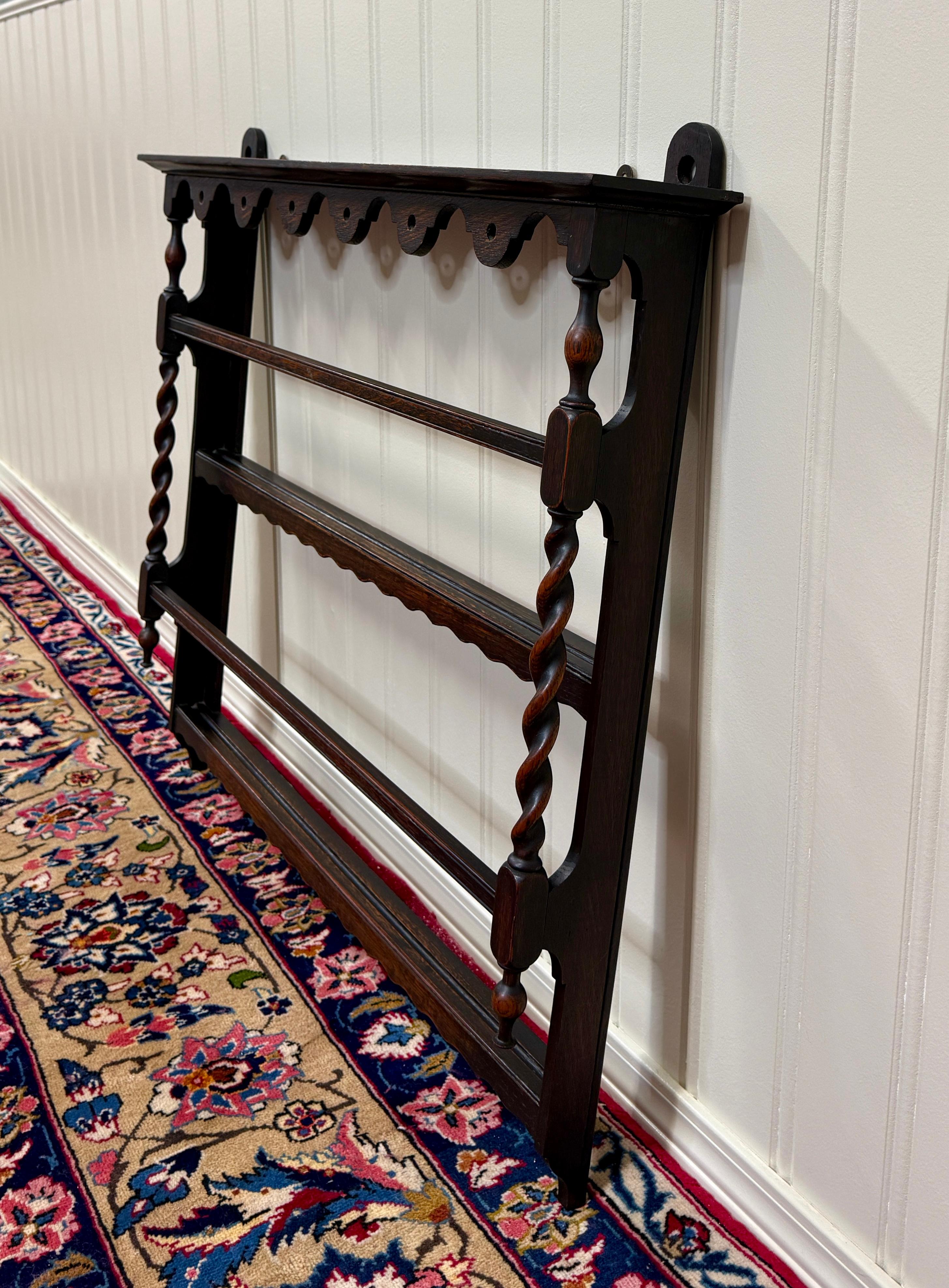 Antique English Plate Rack Wall Shelf Barley Twist Post Carved Oak c. 1920s 4