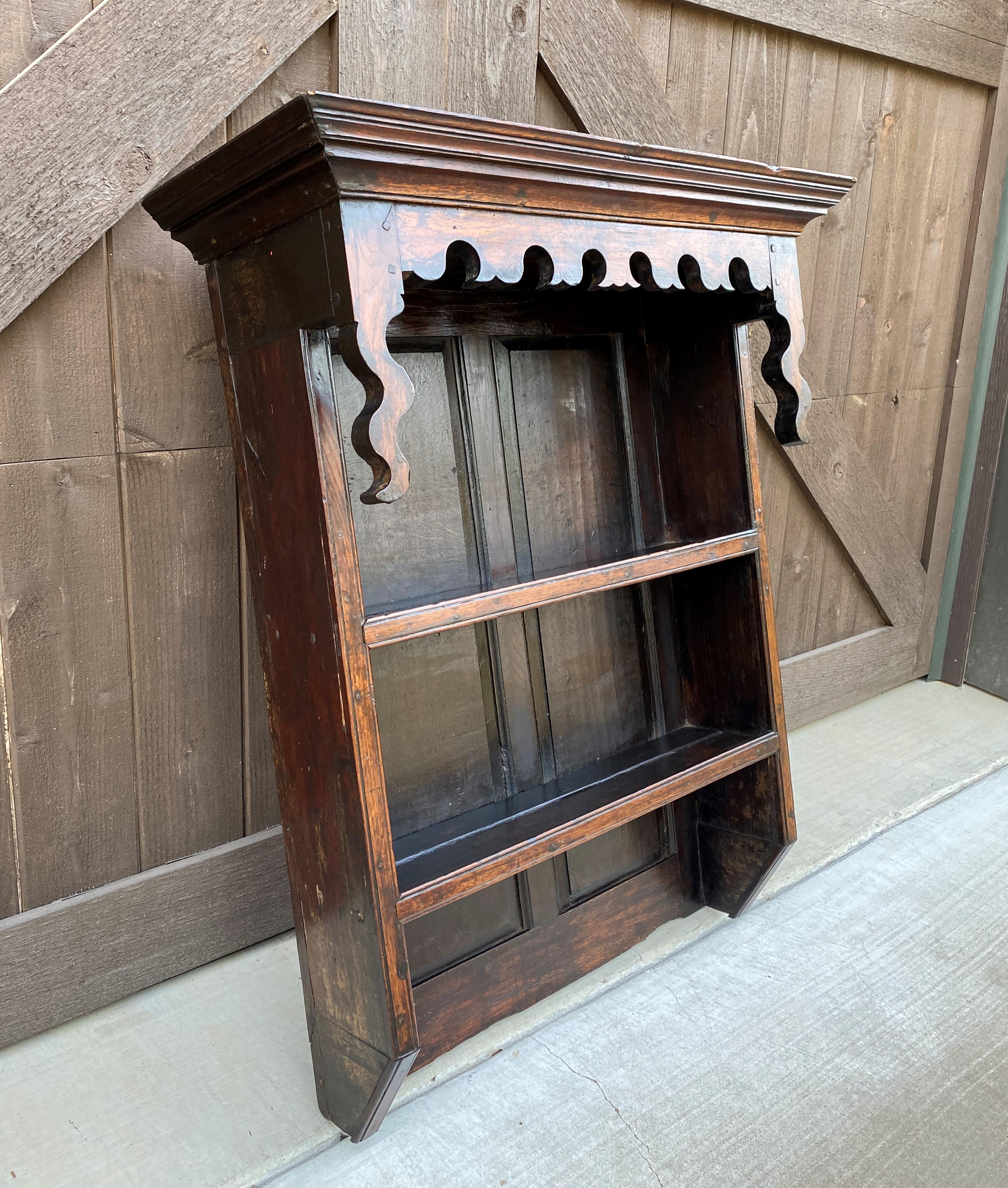 Antique English Plate Rack Wall Shelf Bookcase Hanging Carved Oak Pegged c. 1900 3