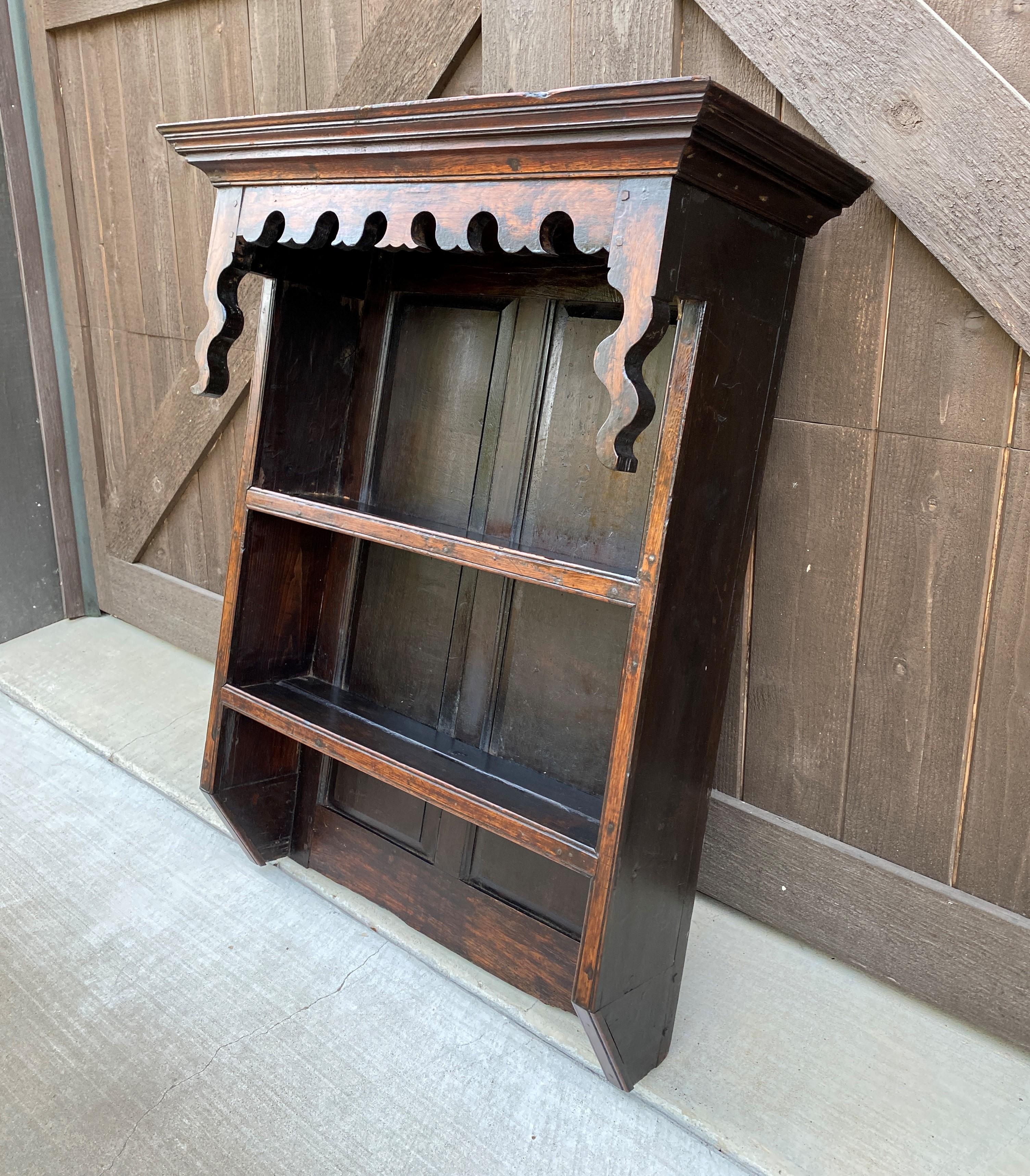 Antique English Plate Rack Wall Shelf Bookcase Hanging Carved Oak Pegged c. 1900 4