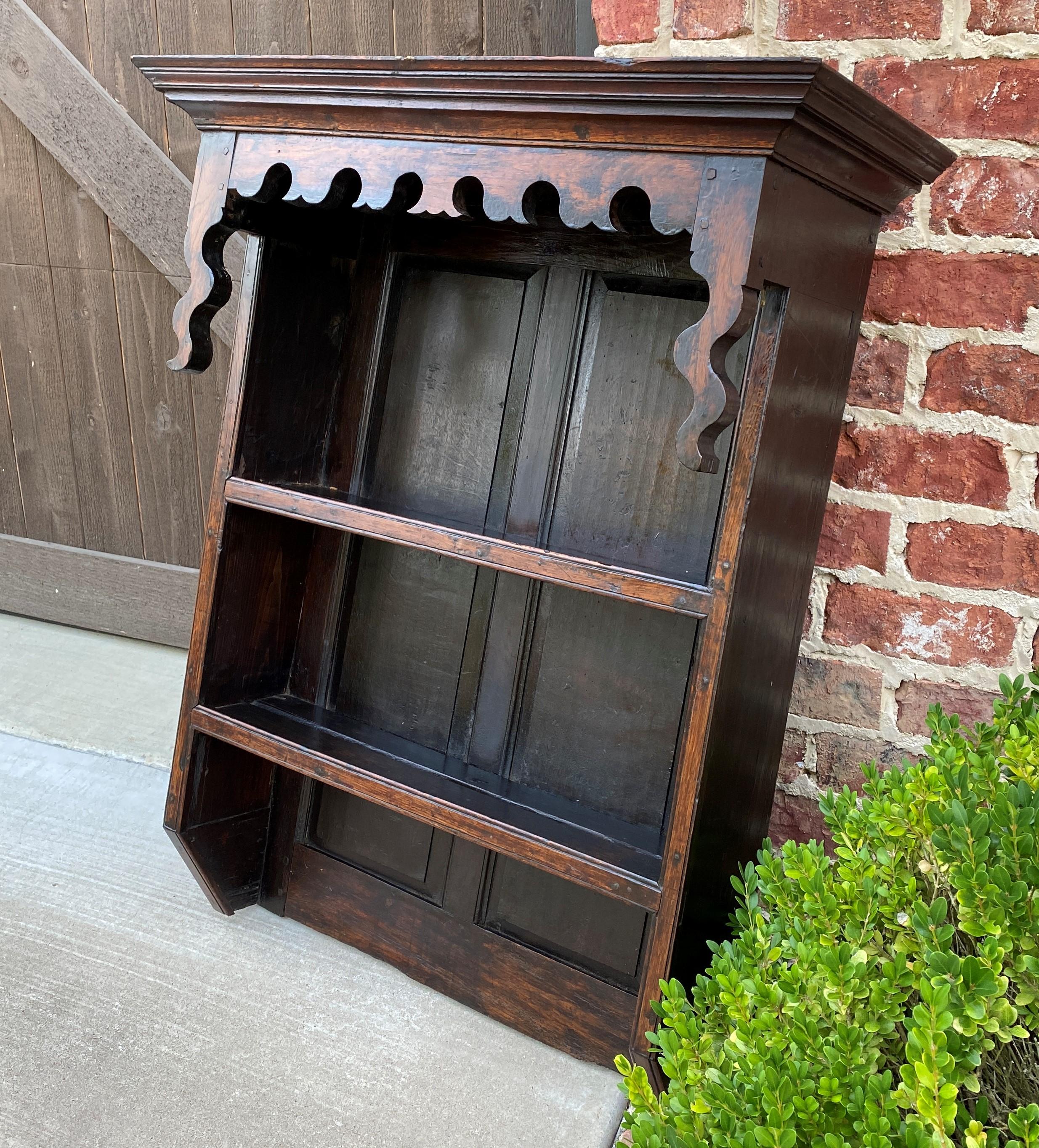 Arts and Crafts Antique English Plate Rack Wall Shelf Bookcase Hanging Carved Oak Pegged c. 1900