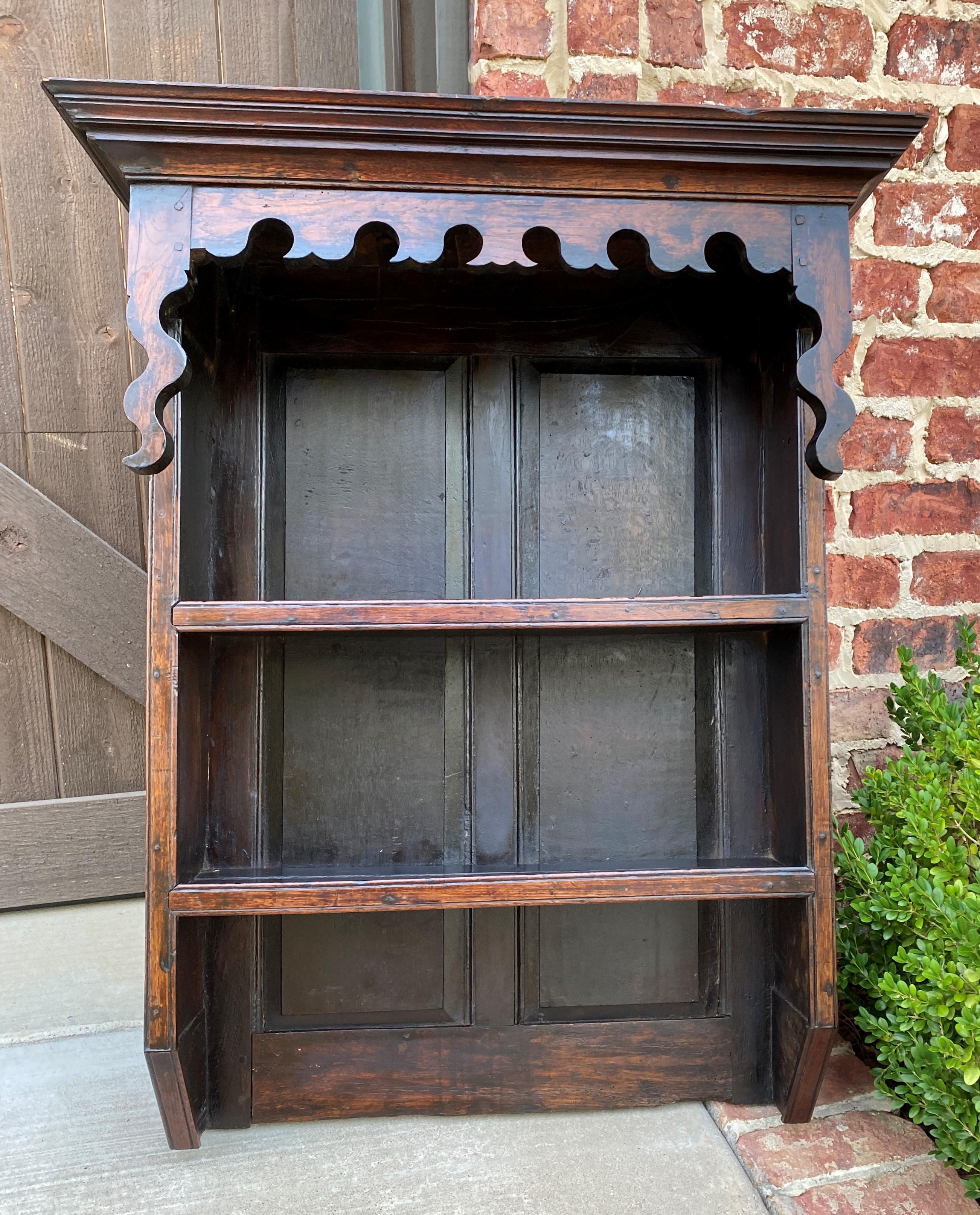 Early 20th Century Antique English Plate Rack Wall Shelf Bookcase Hanging Carved Oak Pegged c. 1900