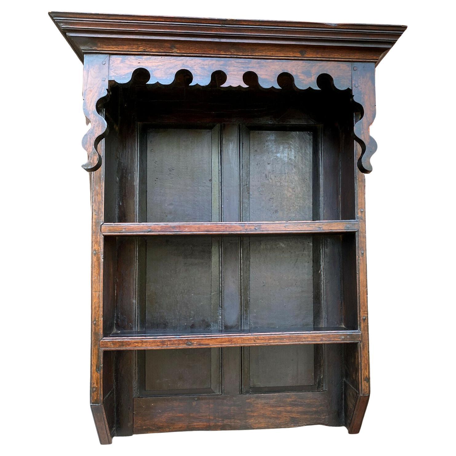Antique English Plate Rack Wall Shelf Bookcase Hanging Carved Oak Pegged c. 1900